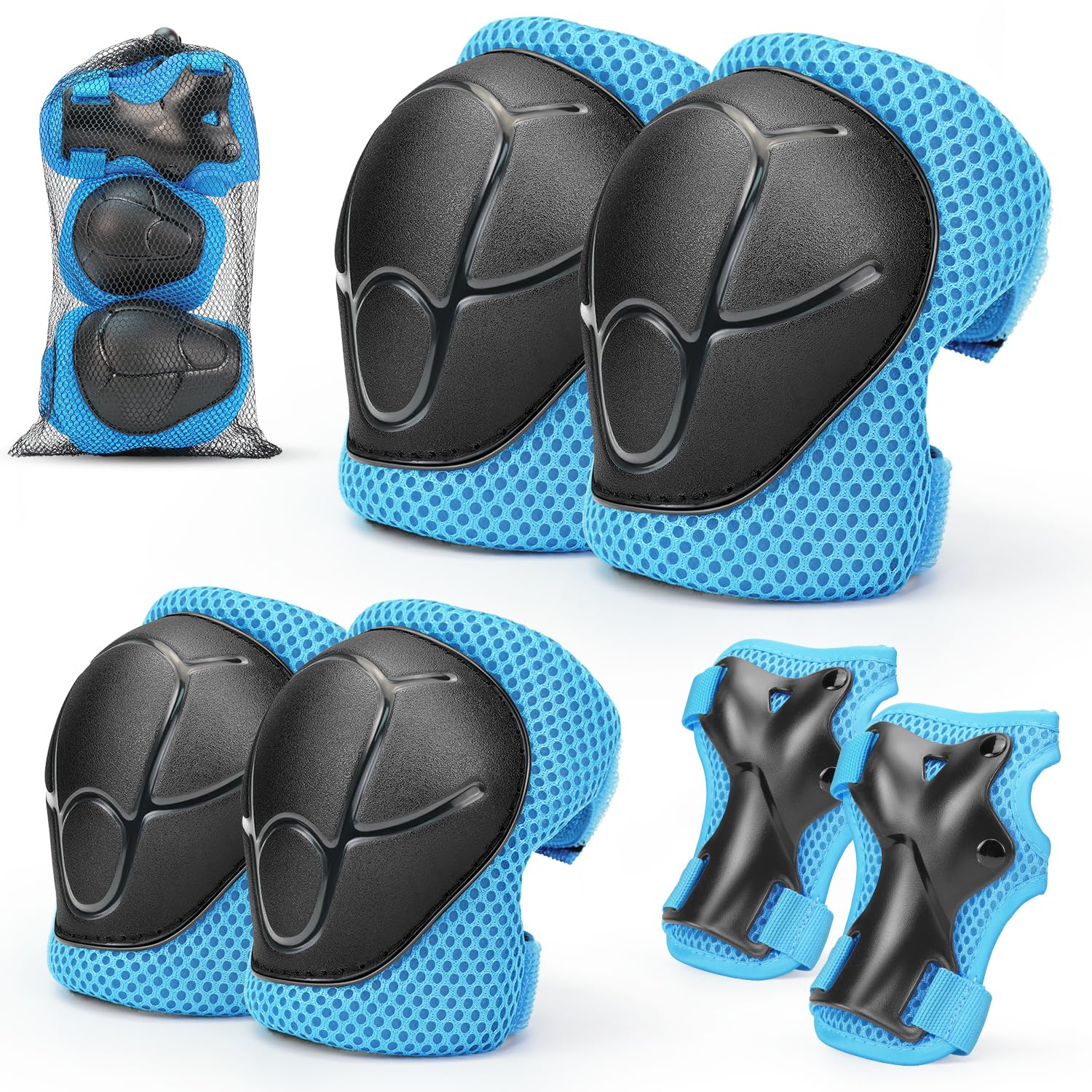 Kids Knee And Elbow Pads ,6pcs Wrist Guard Knee And Elbow Pads for Children Kids Sports Protective Gear Set including Mesh Bag for Skateboard Roller Skating