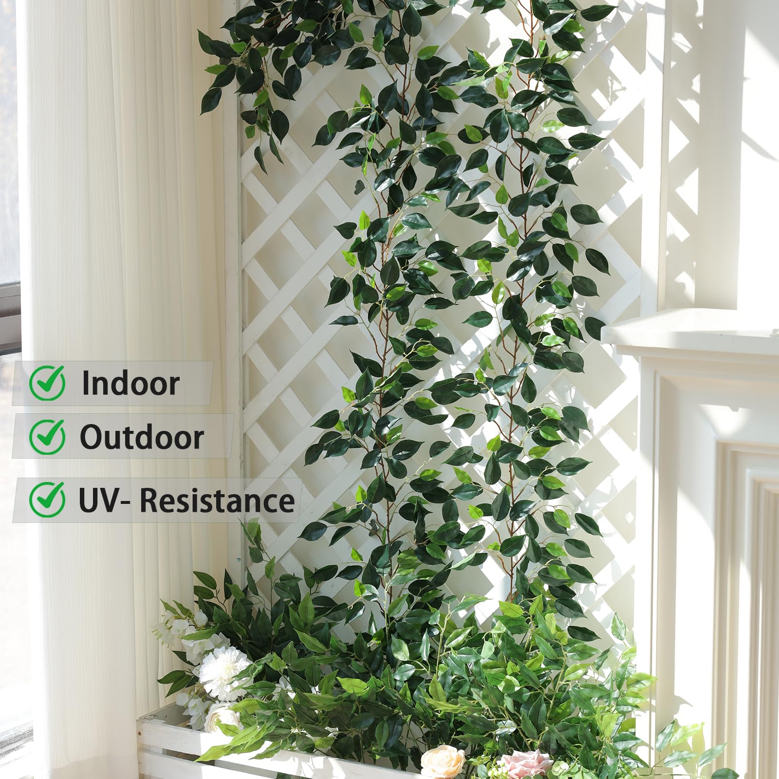 Mizii Künstliche Ranken-Girlande, 200 cm, künstliche Ficus-Ranken-Girlande, Seiden-grüne Blätter, Dekoration, künstliche Hängepflanzen für Hochzeit, Tischdekoration, Wanddekoration, Raumdekoration,