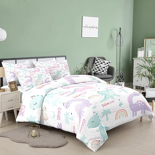 Miniatura 2 de NINENINE Juego de edredón tamaño Queen para niñas, juegos de edredón de dinosaurio para niños y niñas, ropa de cama tamaño Queen colorido arcoíris
