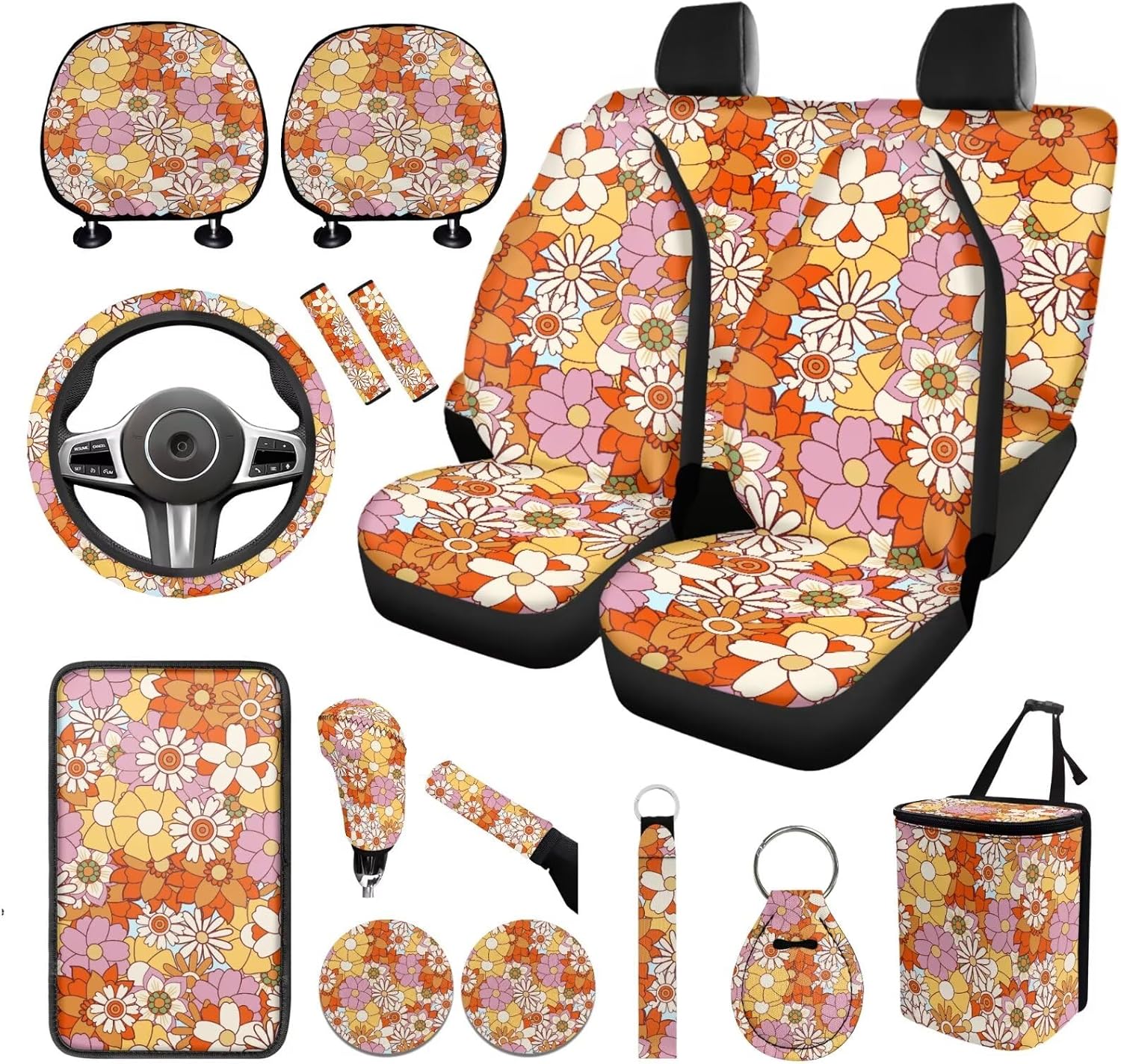 Elephant Flower Car Seat Covers Full Set 17 Pcs Hippie Elephant Auto Front Seats and Rear Bench Polyester Car Seat Protectors Set with Universal Headrest Covers,Keychains Armrest Pad,Coaster