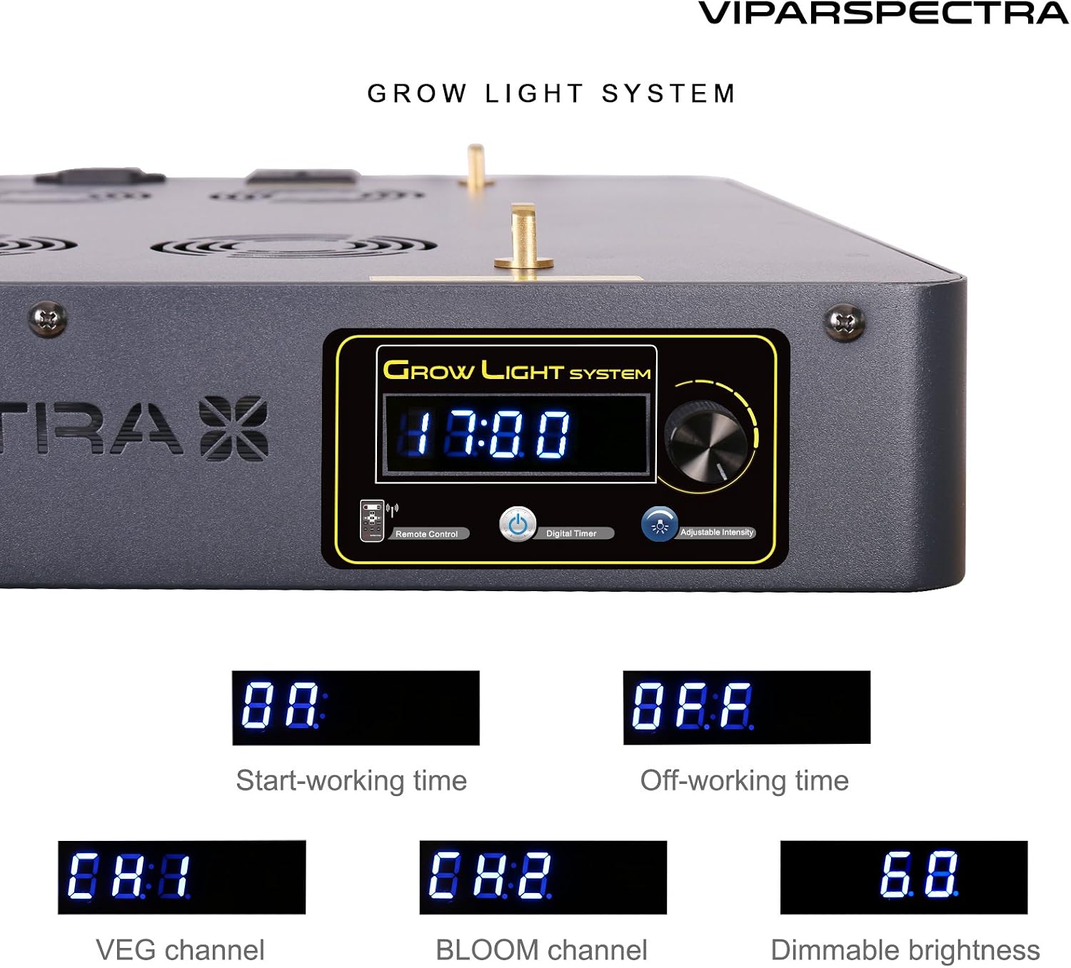 Close-up of the VIPARSPECTRA VT600-S control panel showing the digital display, control knob, and buttons for remote control, digital timer, and adjustable intensity.