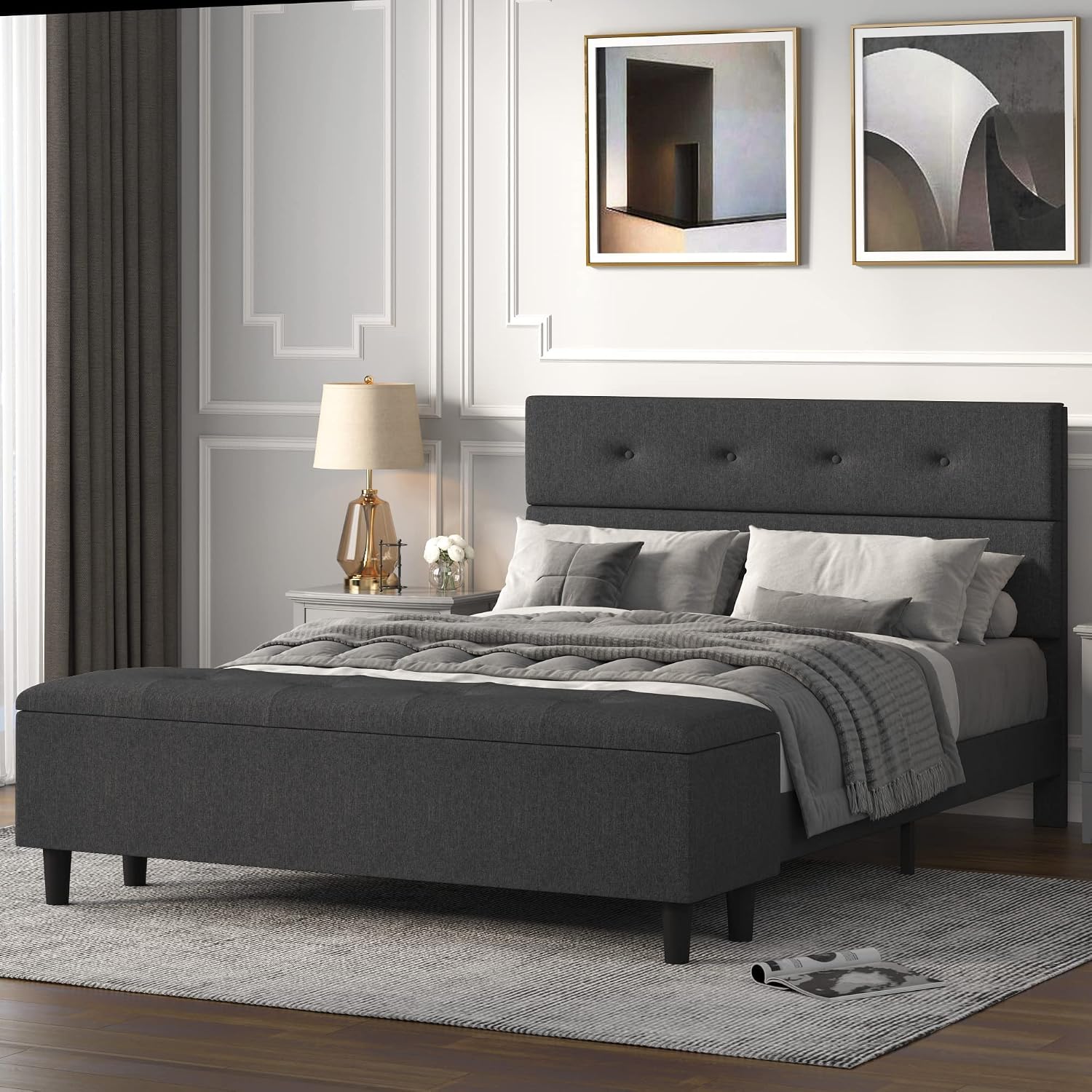 Allewie Queen Bed Frame with 120L Ottoman Storage, Platform Bed with Upholstered Headboard, Wood Slat Support, No Box Spring Needed, Dark Grey