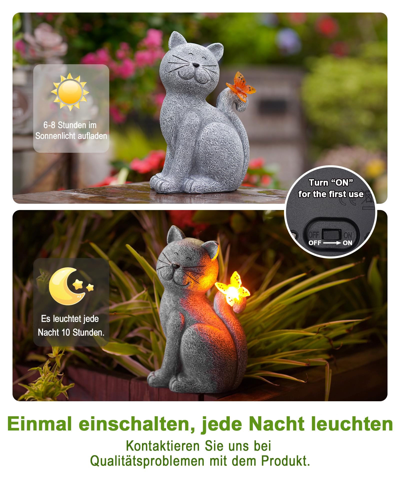 Yeomoo Katzen Figuren mit Solar Schmetterling Deko Wohnzimmer Gartendeko für draußen: Lustig katze Geschenk für Frauen Mama Geburtstagsgeschenk Gartenfiguren Wasserdicht Zimmer Garten Balkon Deko Grau