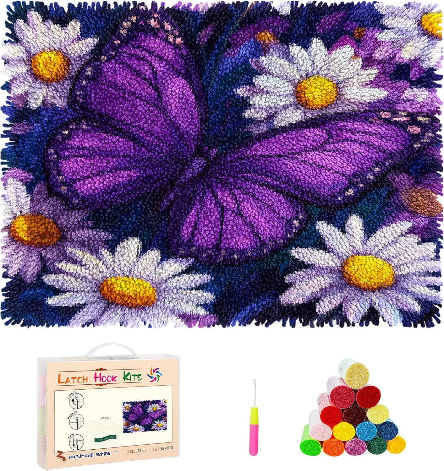 DIY Latch Hook Rug Kits Cartoon Butterfly and White Daisy Flower Stamped Non-Slip Mat Crocheting Yarn Hook and Latch Emboridery Tapestry for Home Floor Decor and Pet Warm Cushion 52x38cm(24)
