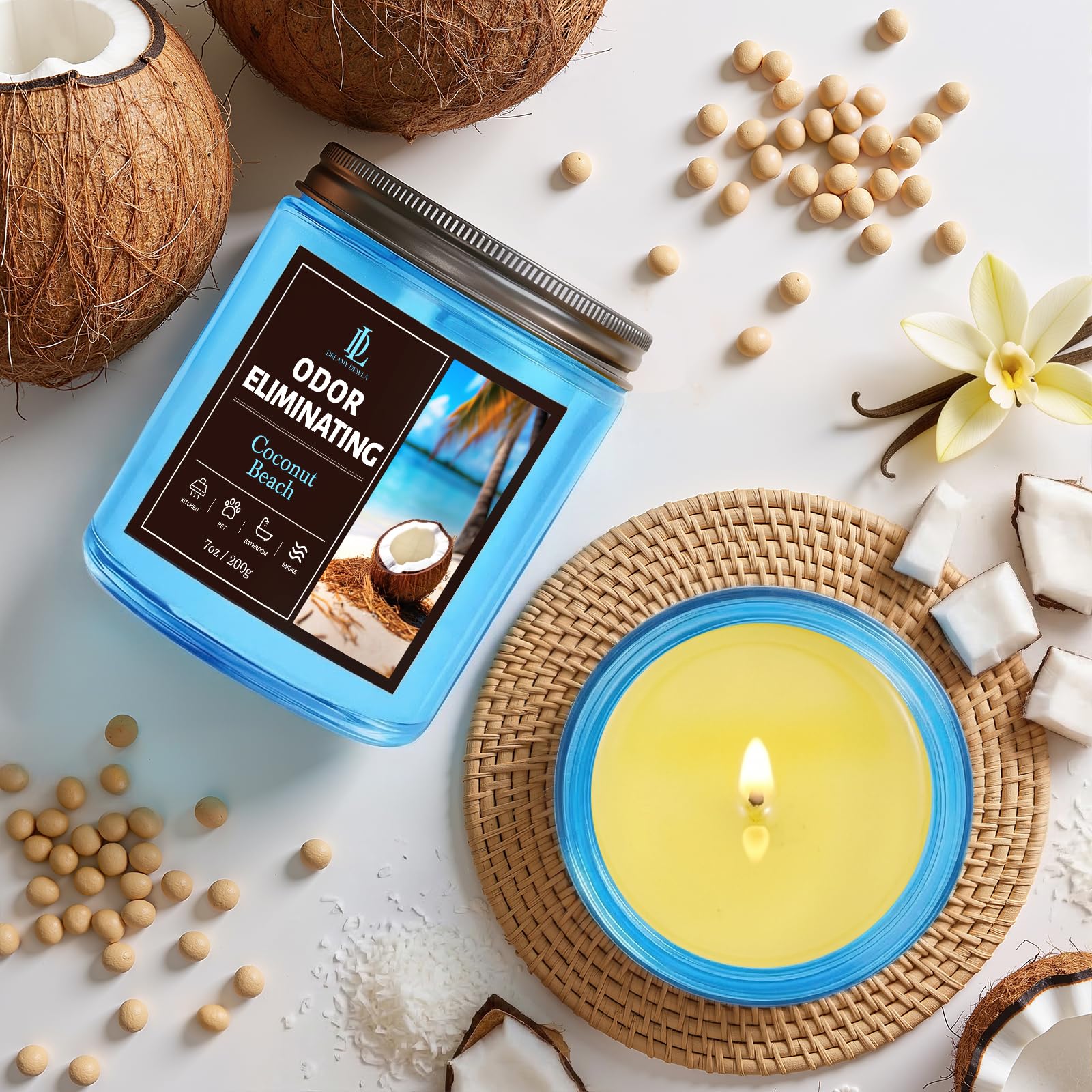 Best Kirkton House Candles Alternatives for 2026 2 DL DREAMY DEWLA Coconut Beach Odor Eliminating Highly Fragranced Candle, Elimina — product photo