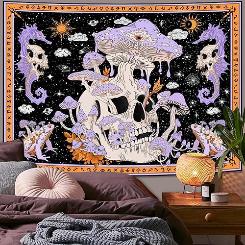 Miniatura 4 de LYANNA SU Divertido tapiz de calavera de hongo morado para dormitorio, tapiz colgante de pared, tapices de esqueleto para estética de sala de estar
