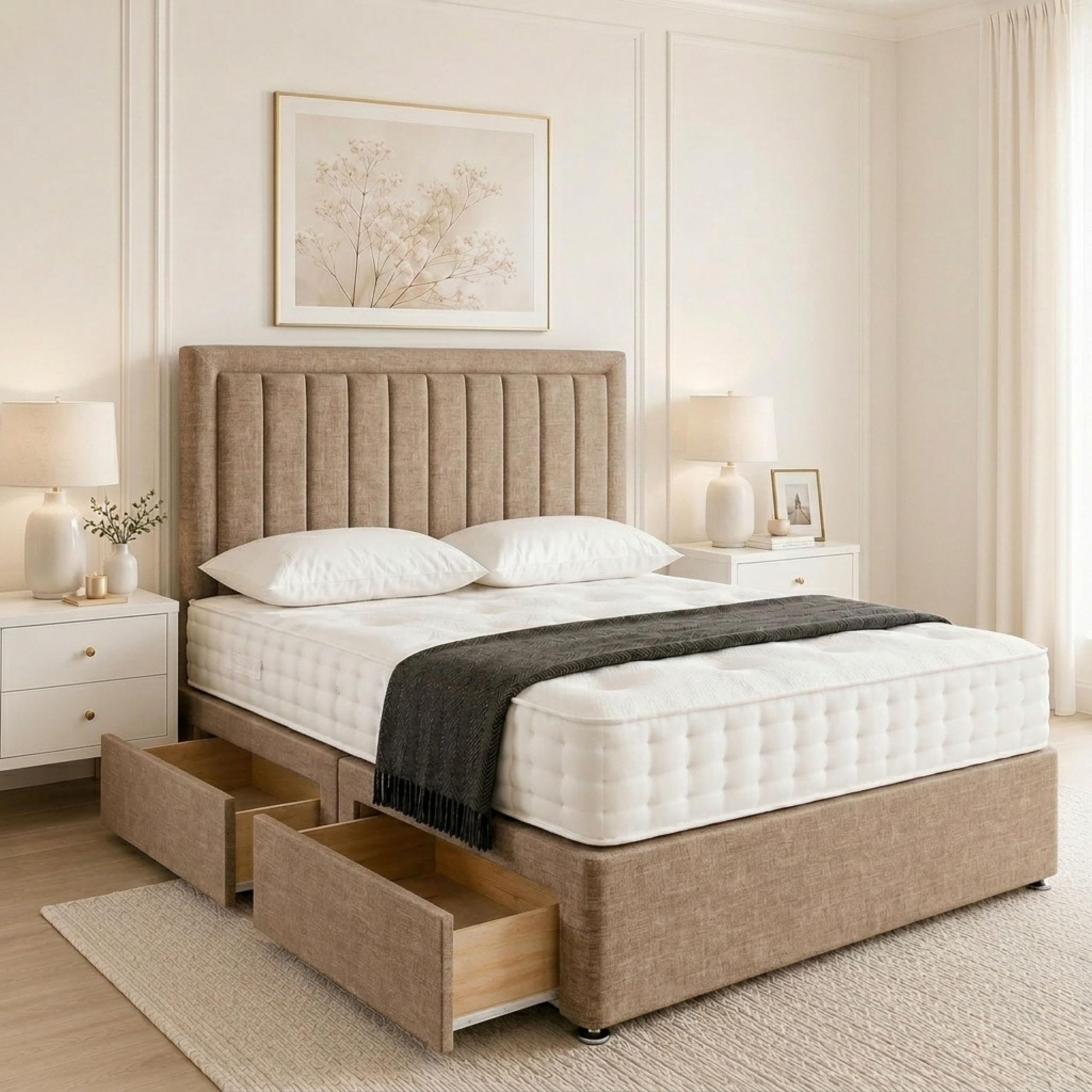 Caruo Contemporary Plush Velvet Divan Bed Frame with Optional Mattress, Drawer Storage & 24" Headboard - 3ft Bed Only - Mink Coniston - 2-Drawers Same Side