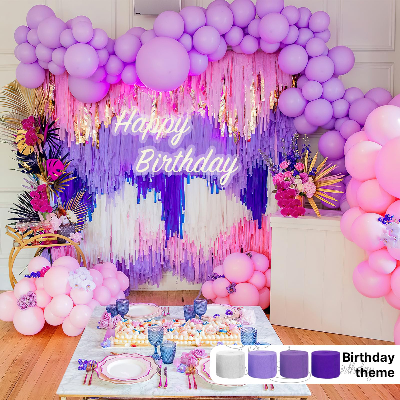 PartyWoo Lot de 6 rouleaux de papier crépon argenté métallisé, violet clair, lilas, violet lavande, blanc pour décorations d'anniversaire, décorations de fête prénatale (4,6 cm x 2,9 m)
