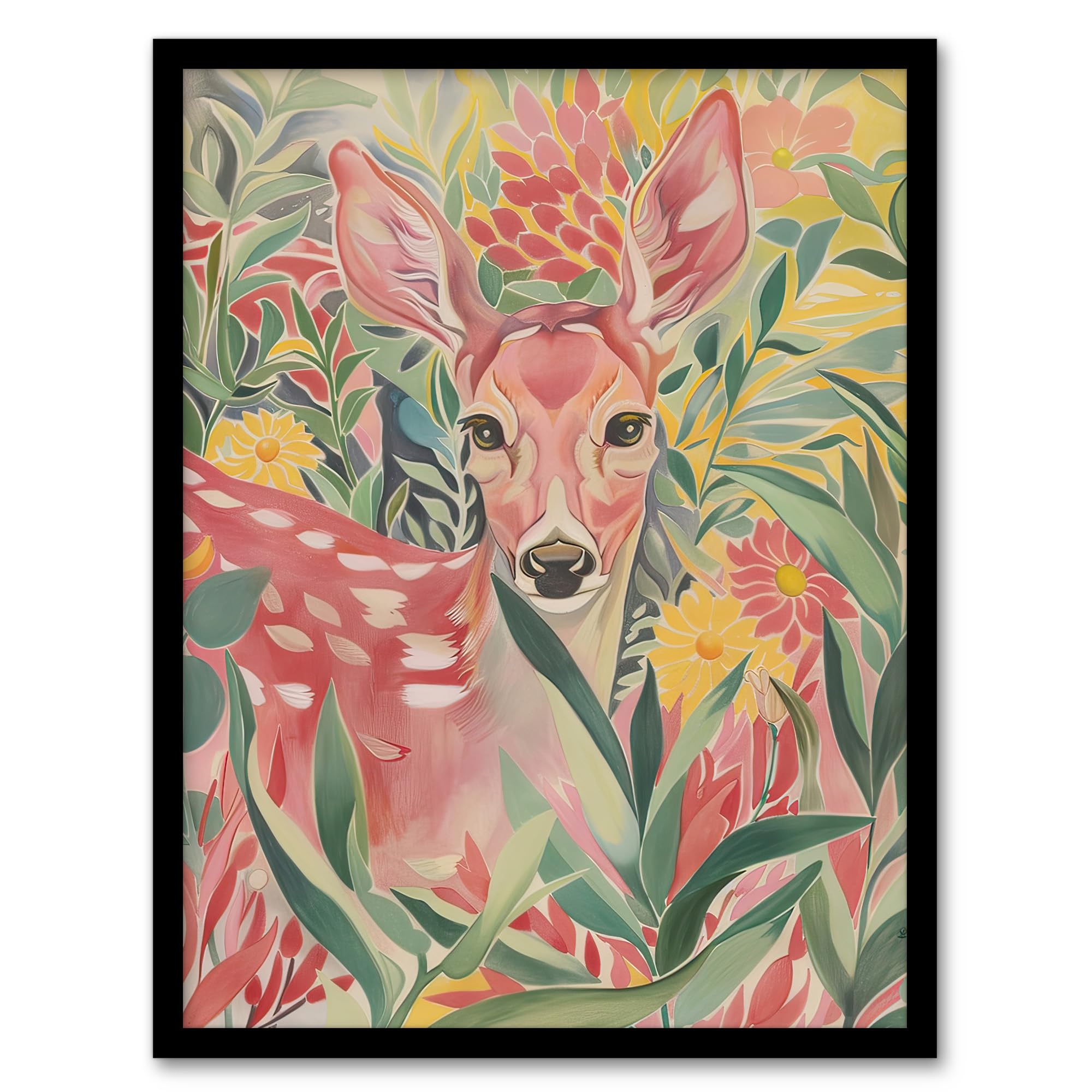 Artery8 Deer in Flower Field Pastel Colour Painting Living Room Artwork Framed Wall Art Print A4