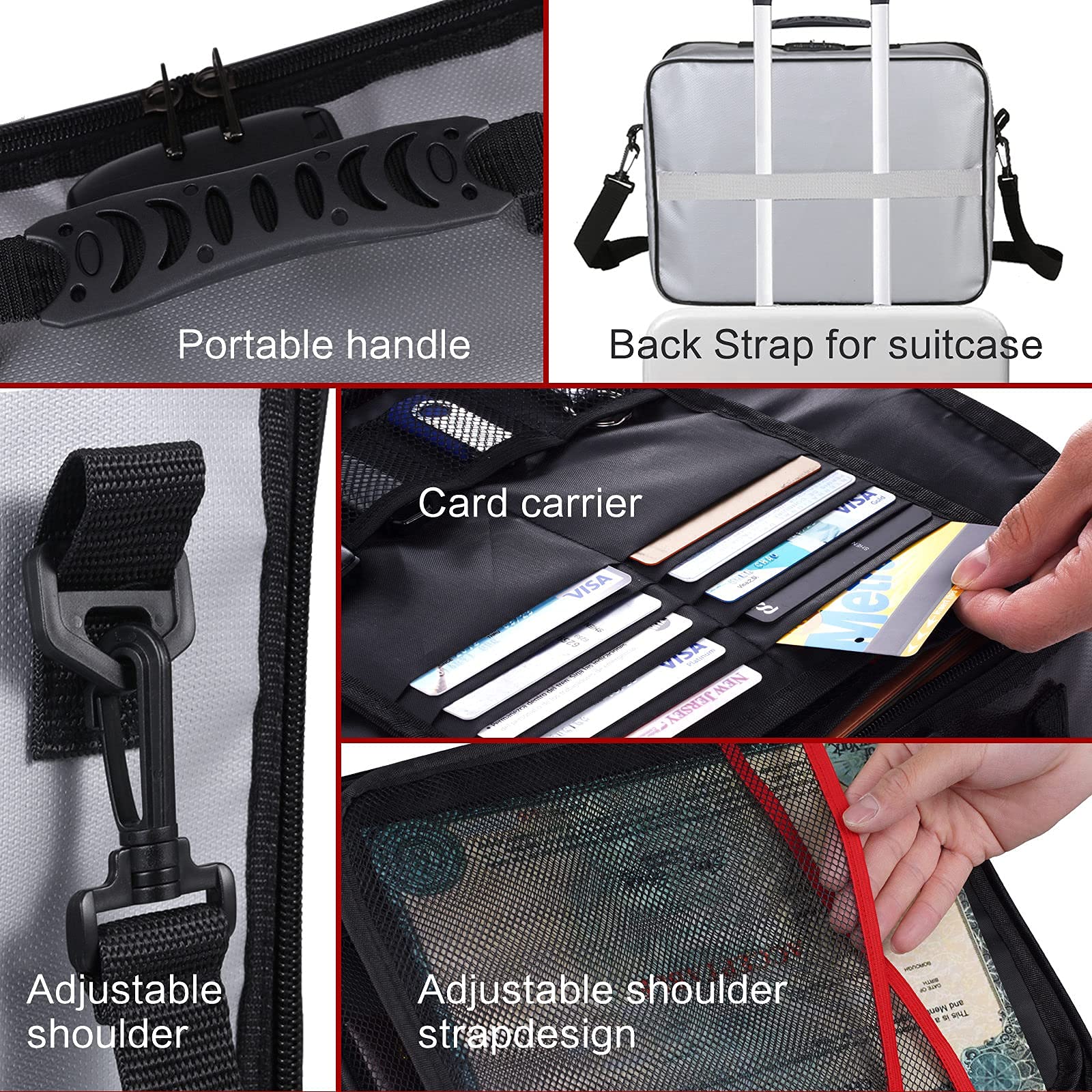 SEKAM Fireproof Document Bag with Lock & Fireproof Money Bag for Cash Set, Fireproof Document Safe Organizer for Travel, Fireproof File Storage Bag with Lock, Multi-Layer Portable File Organizer Gray