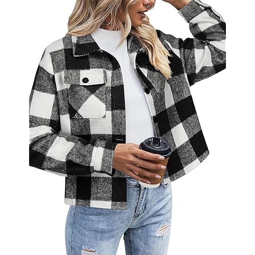Zeagoo Flannels for Women Cropped Shacket Jacket Fashion Plaid Button Down Shirt 2025 Fall Coat Tops