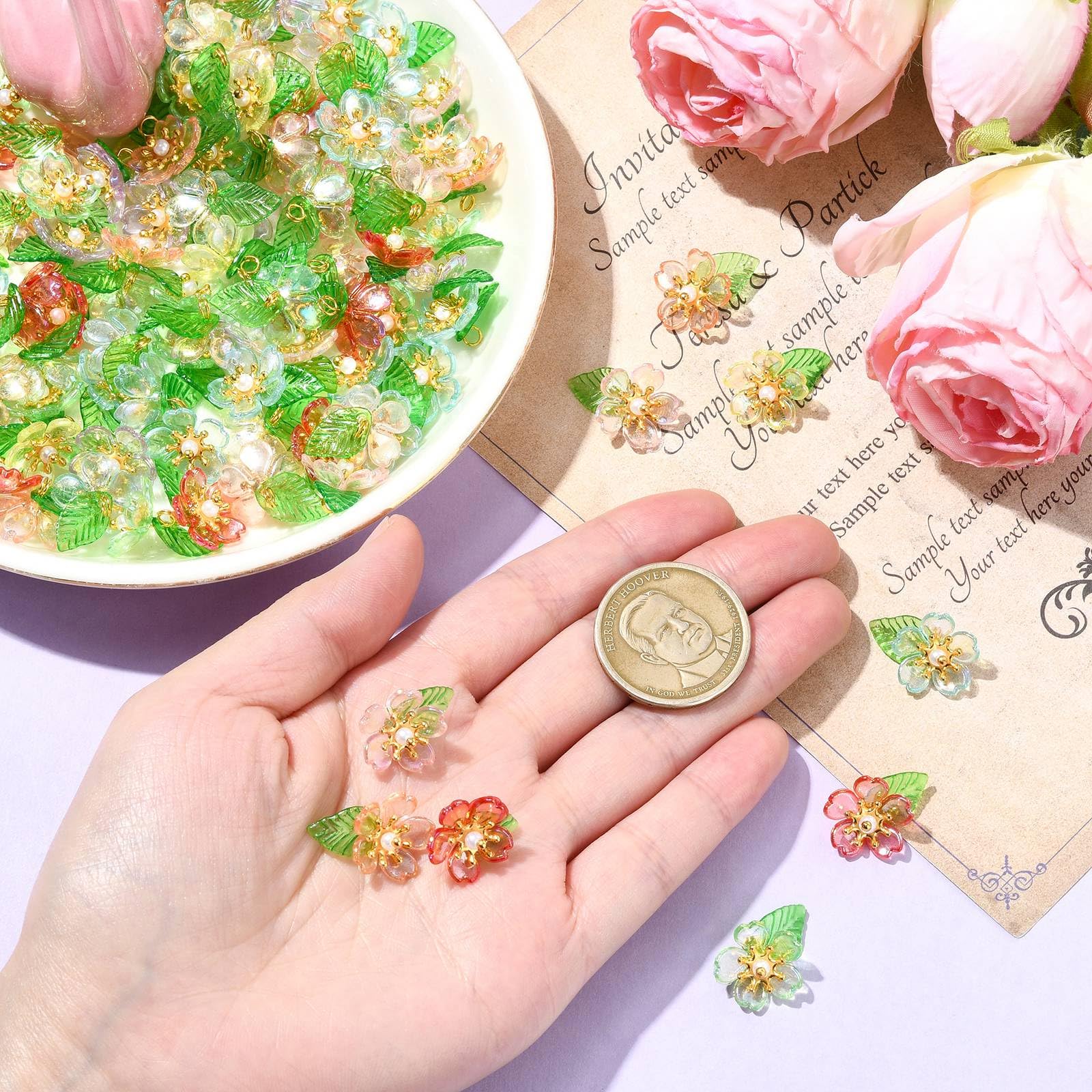 UR URLIFEHALL 100 Pcs Transparent Acrylic Flower Charms with Green Leaf Floral Shaped Charms for Jewellery Making DIY Spring Crafts Hairbands - Image 4