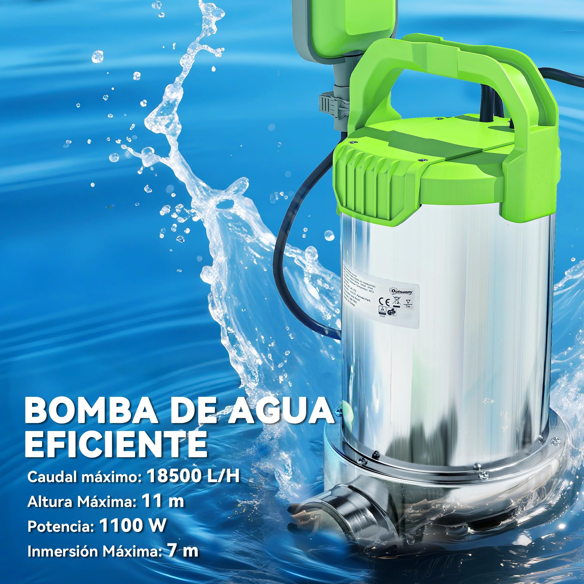 Outsunny Bomba Sumergible Aguas Residuales 1100W 18000 l/h con Interruptor Flotador