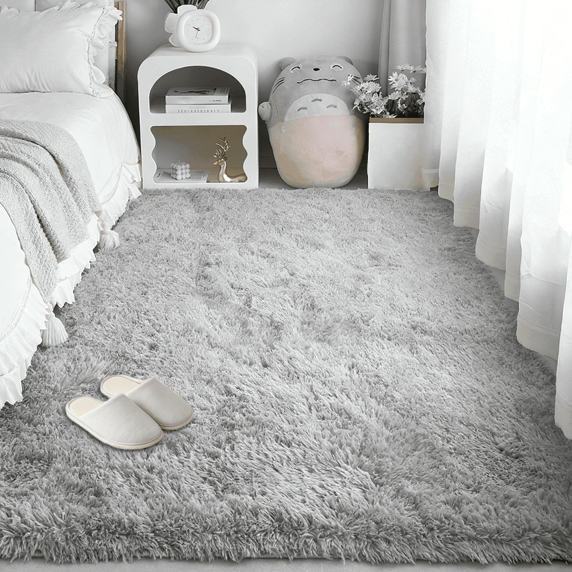 Tapis de salon 230x240 cm gris clair shaggy et moderne pour chambre