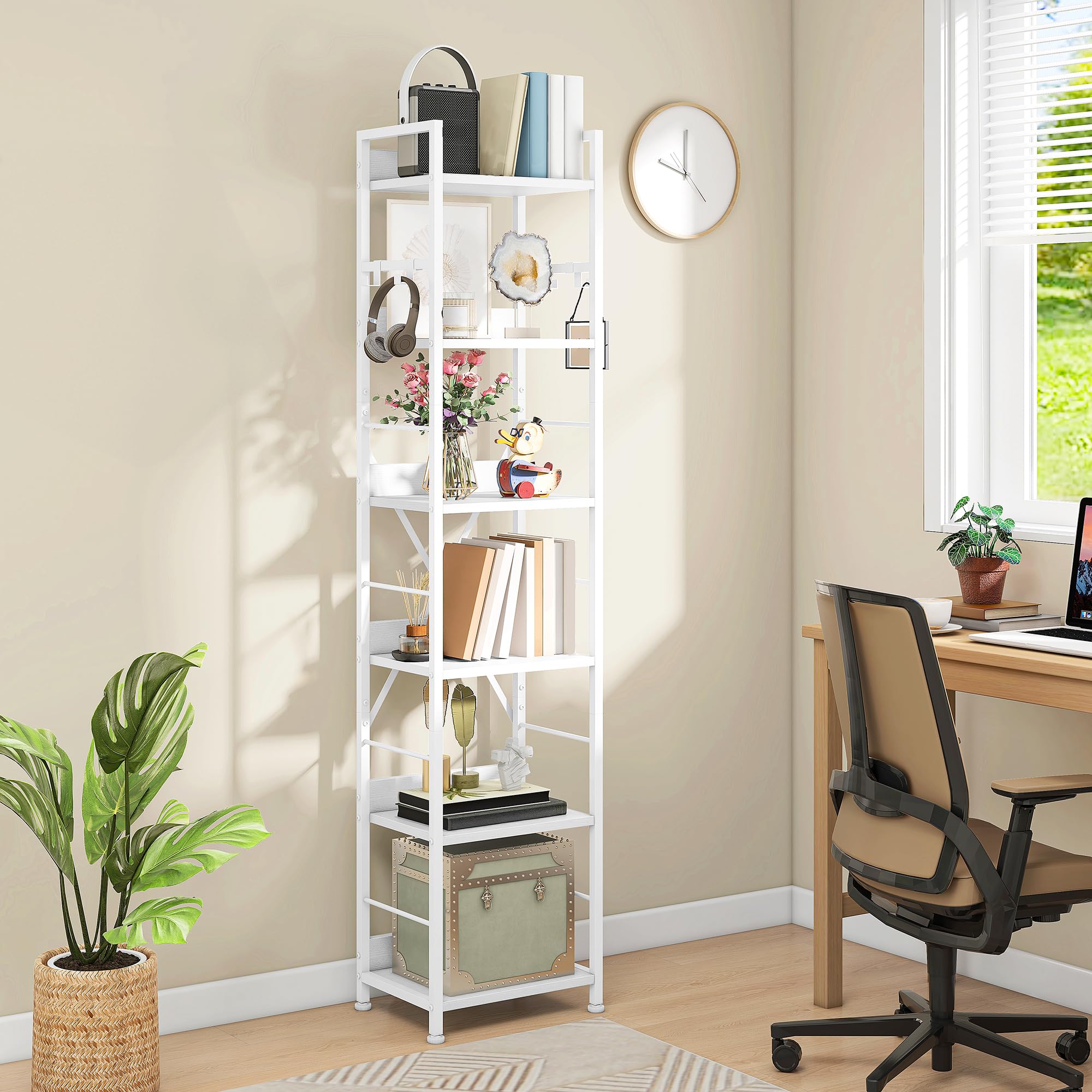 DWVO Book Shelf 6 Tiers, Tall Bookcase with Steel Frame Industrial Bookshelf with 4 Hooks Floorstanding Shelving Unit Narrow Display Rack Storage Organizer for Living Room Bedroom, White — image 1