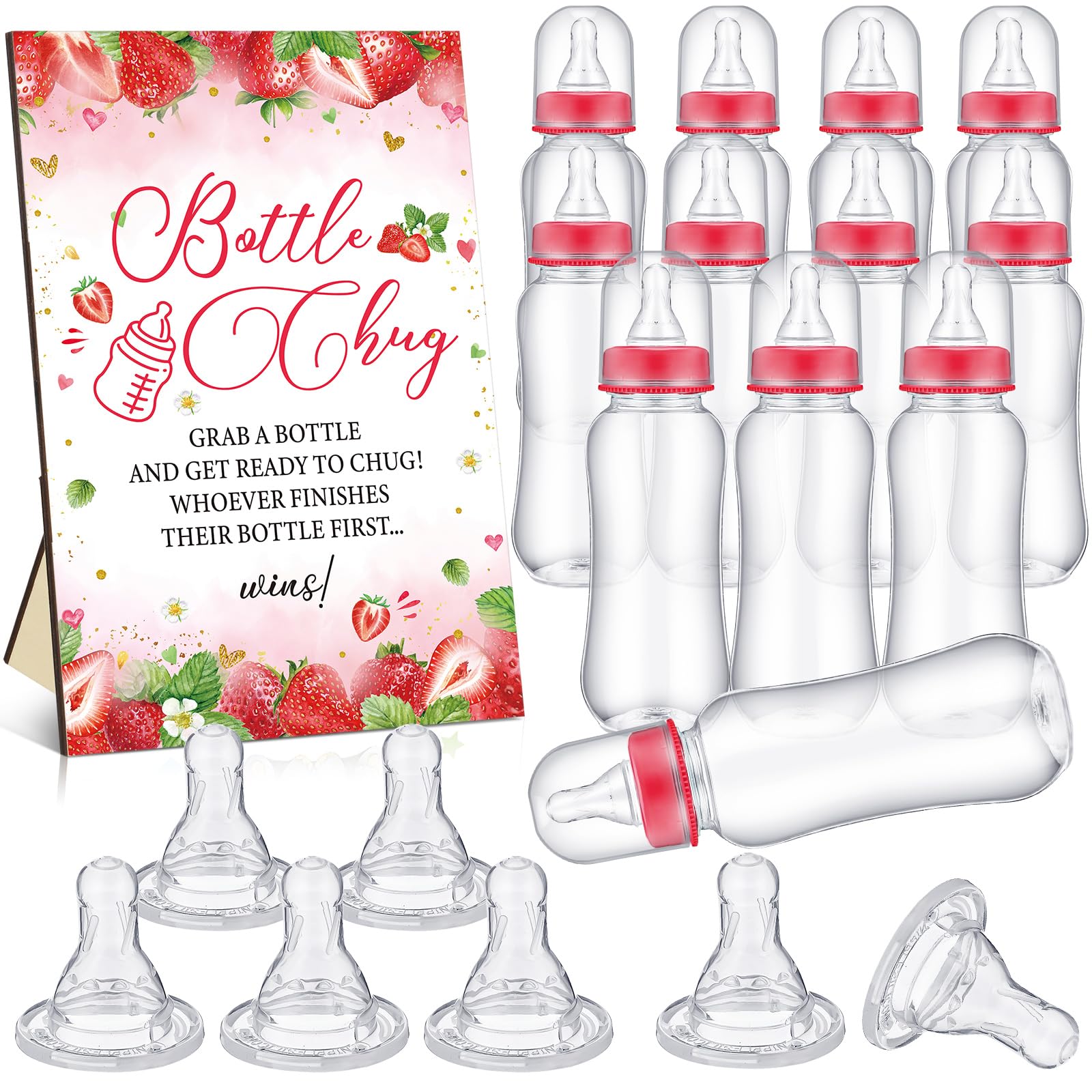 TrelaCo Cool Baby Shower Games Wooden Bottle Chug Sign Strawberry Theme Gift Sets and 12 Pcs Baby Bottle Shower Favor for Rustic Kraft Games Gender