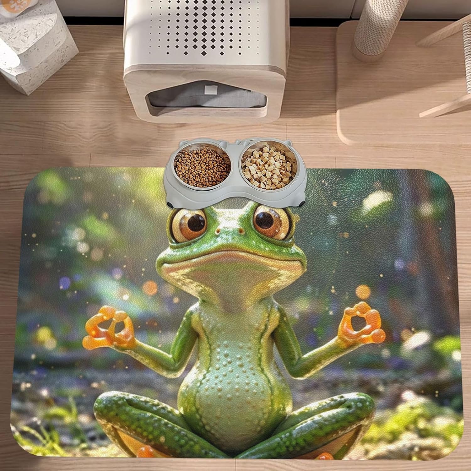 Dog Food Mat Waterproof Anti-Slip Dog Bowl Mats for Food and Water Cute Funny Frog Doing Yoga Pet Feeding Mat Absorbent Dog Mat for Floors Quick Dry Pet Placemat for Dogs Cats