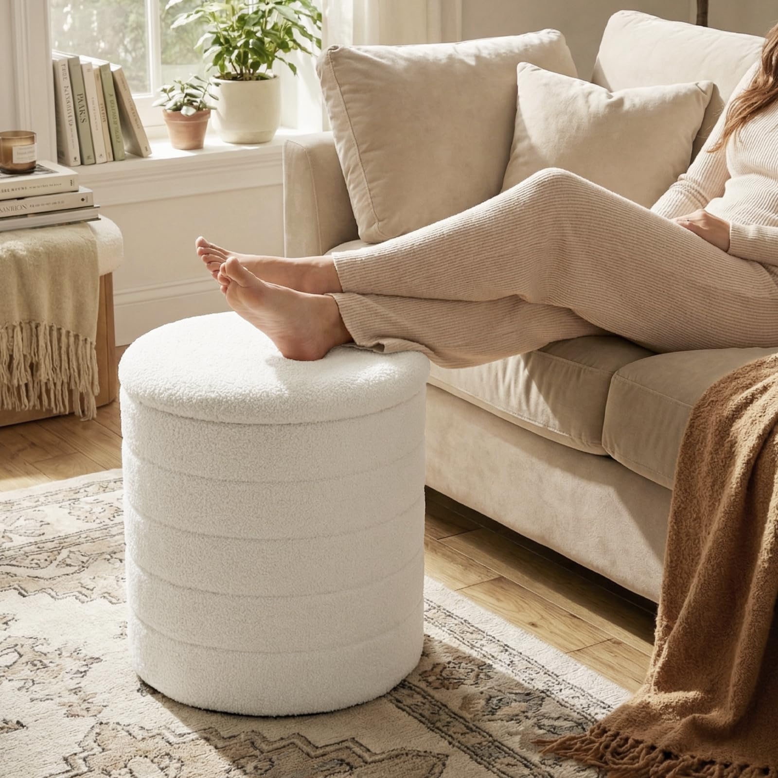 WOLTU Pouf Contenitore con Coperchio Reversibile e Removibile, Sgabello Pieghevole Rotondo, Ø40,5xA43 cm, in Tessuto Teddy e MDF, per Soggiorno, Camera da Letto e Ingresso, Bianco