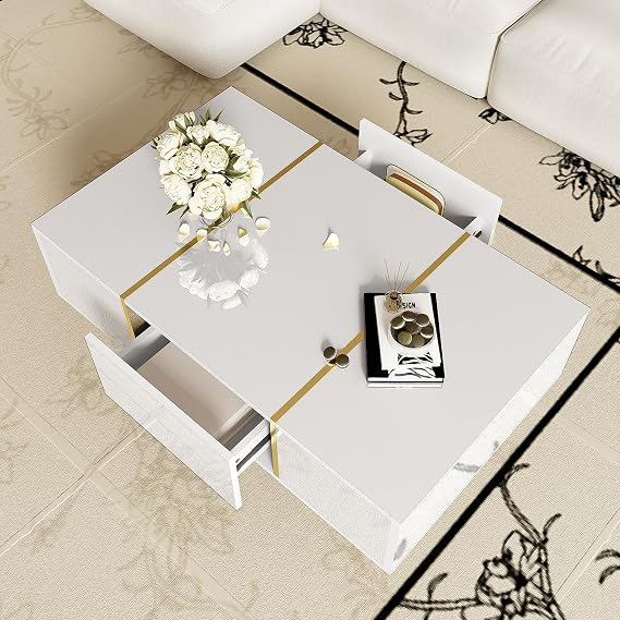 Merax Coffee Table with Storage, White High Gloss Coffee Table for Living Room, with 2 drawers, modern and simple, 100x 60x 41.5cm