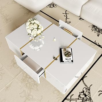 Merax Coffee Table with Storage, White High Gloss Coffee Table for Living Room, with 2 drawers, modern and simple, 100x 60x 41.5cm