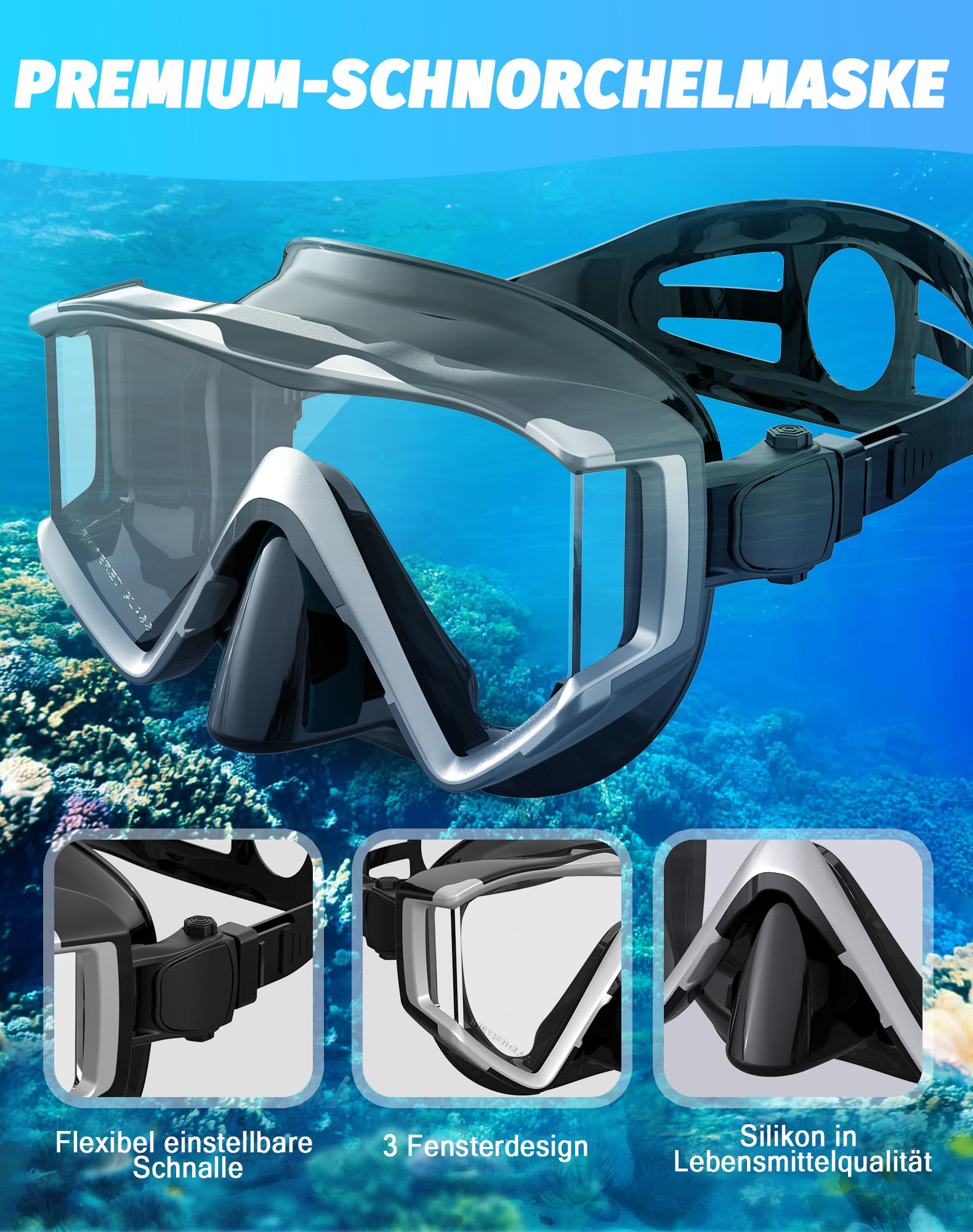 Schnorchelset Erwachsene, Taucherbrille mit Schnorchel, 3-Fenster-Schnorchelmaske Anti-Fog Anti-Leck, Professional Adult Snorkeling Set für Schnorcheln, Schwimmen und Tauchen