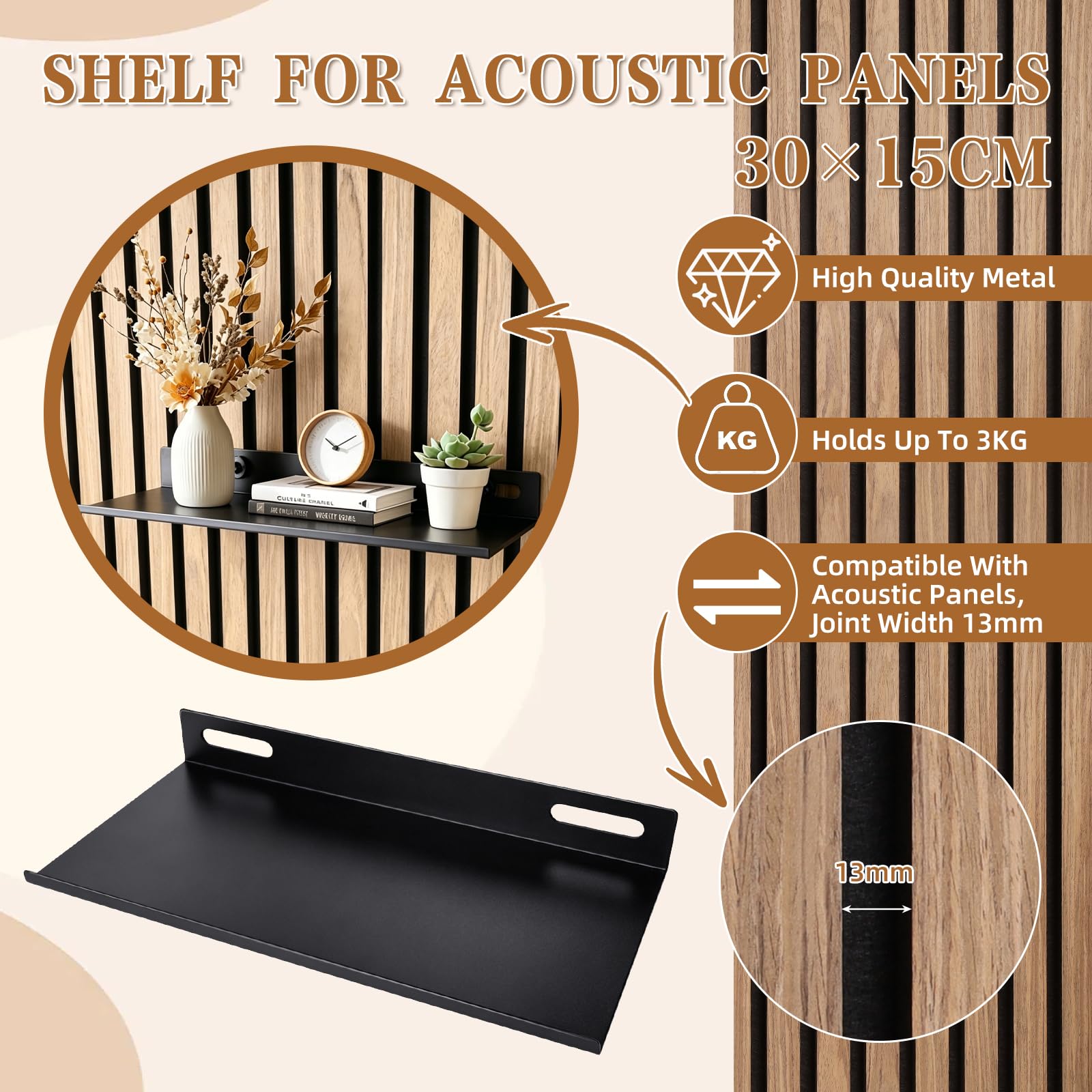 Étagère pour Panneaux Acoustiques sans Perçage 30 x 15cm | En métal Noir Accessoires de Panneaux Acoustiques, Panneau Acoustique Etagere pour Salon Chambre à Coucher, Bureau, Cuisine