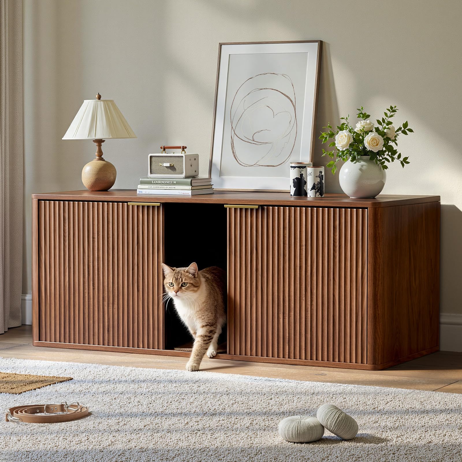 Evermagin 48.8" Double Litter Box Enclosure Furniture for 2 Cats, Large Hidden Walnut Litter Box Cabinet with Front Entry, Mid Century Modern Fluted