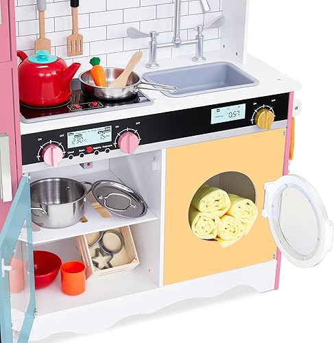 Miniatura 34 de Lil' Jumbl Juego de cocina rosa para niños, cocina de juego de madera de simulación, máquina de hielo a pilas, microondas, campana extractora