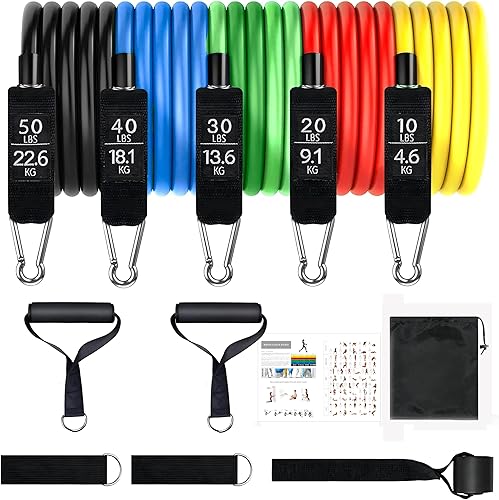 Juego de bandas de resistencia, bandas de ejercicio, bandas de entrenamiento con asas, hasta 150 libras, bandas de ejercicio codificadas por