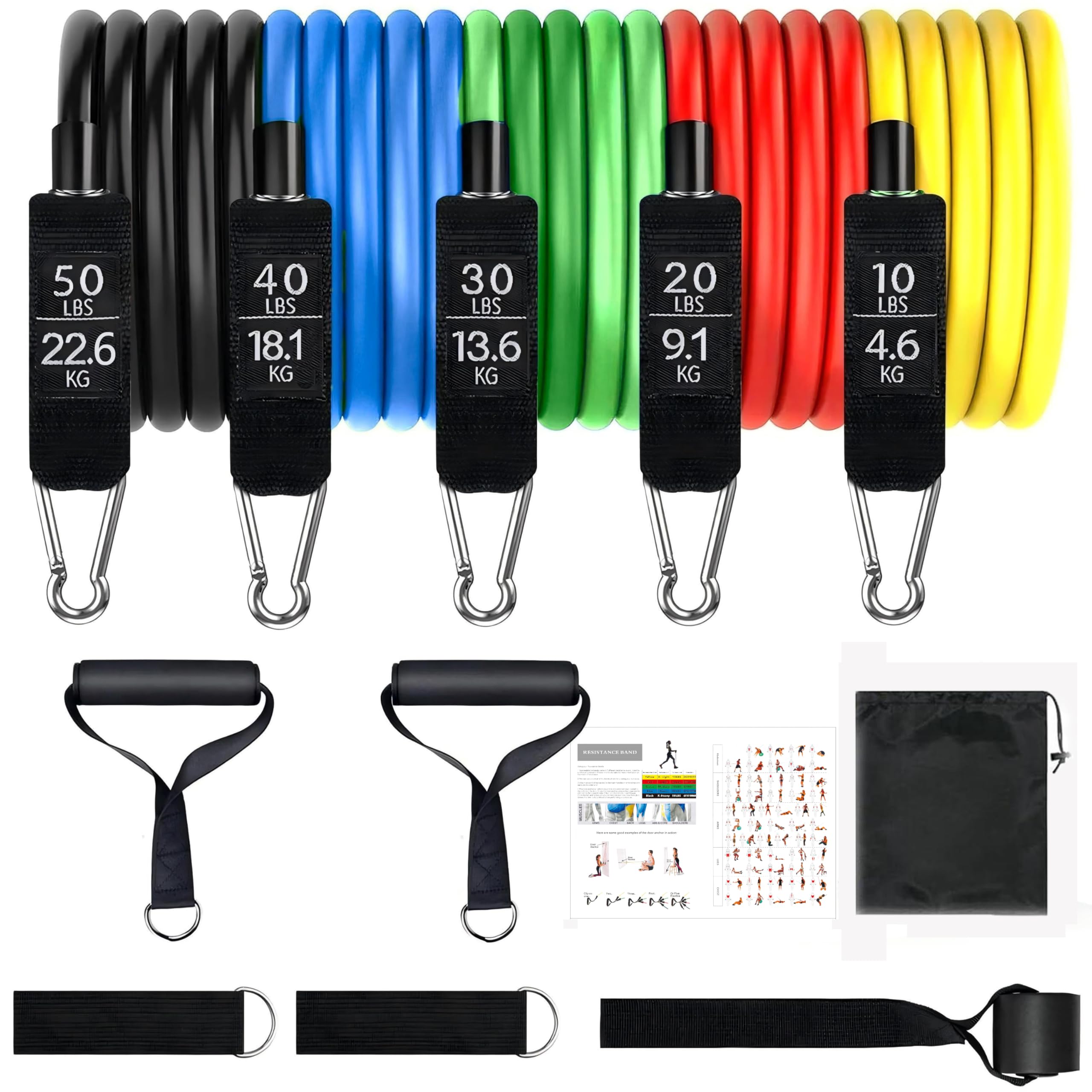 Resistance Bands Set Exercise Bands Work Out Bands with Handles Up to 150lbs Color Coded Exercise Bands Exercise