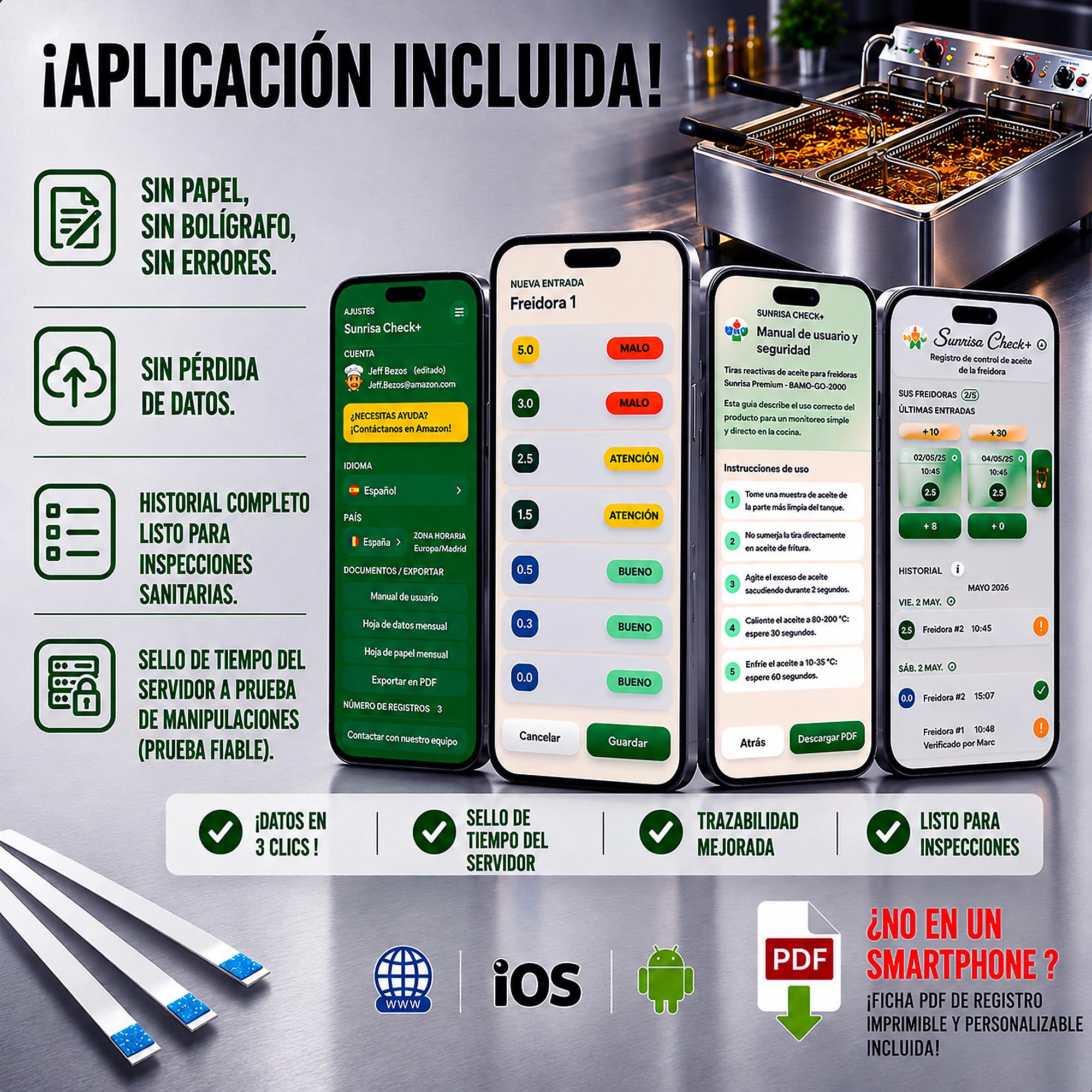 CALOR&FRÍO | 120 Tiras Reactivas Aceite Freidora y Fritura | Medir en solo 30seg | 2 Tubos Larga Conservación | Certificación ISO 9001 | Cumple APPCC | APP Web FFA KOH Pro