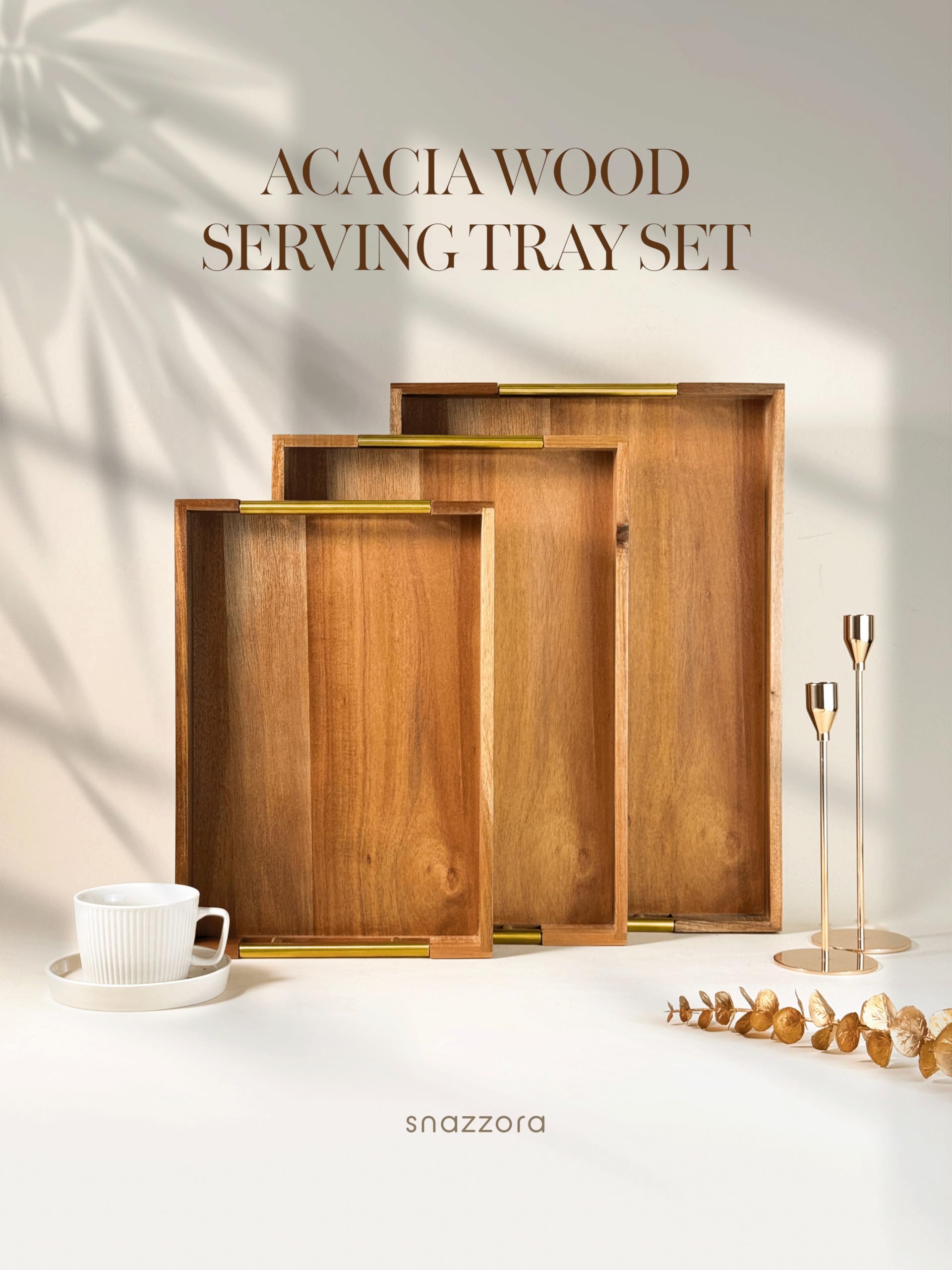 Juego de 3 bandejas decorativas para servir, madera de acacia + asas de acero dorado, mesa de café u bandeja otomana para desayuno en la cama, joyería y organización de decoración
