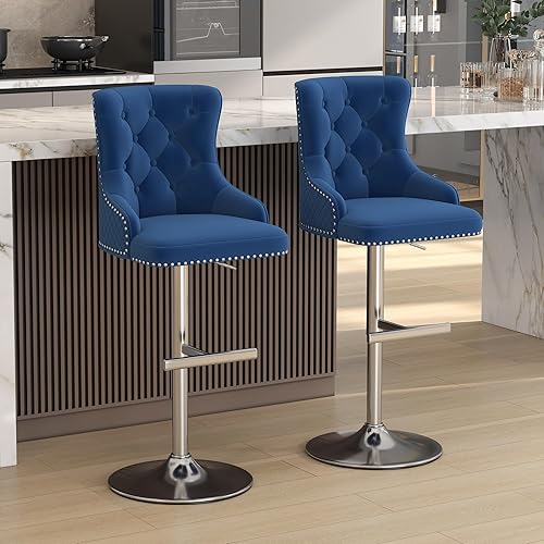 Miniatura 41 de ABET Juego de 2 taburetes de bar, taburetes de altura de mostrador con reposapiés, silla giratoria ajustable de terciopelo para isla de cocina con