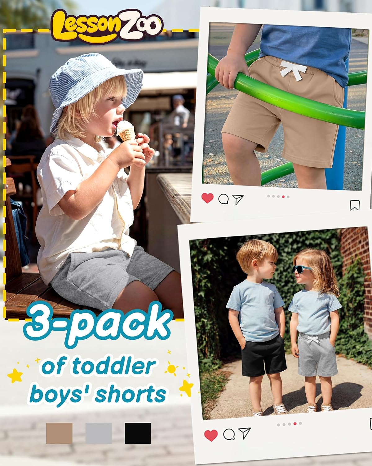 3 Pack Toddler Boys Cotton Shorts Baby Boys Summer Clothes Kid Casual Pull On Elastic Waist Shorts with Pocket