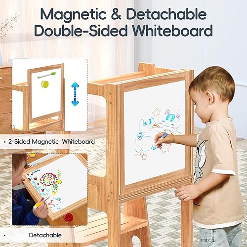 Miniatura 4 de Taburete de madera 4 en 1 para niños pequeños con pizarra y riel de seguridad, altura ajustable Montessori para niños, torre de aprendizaje