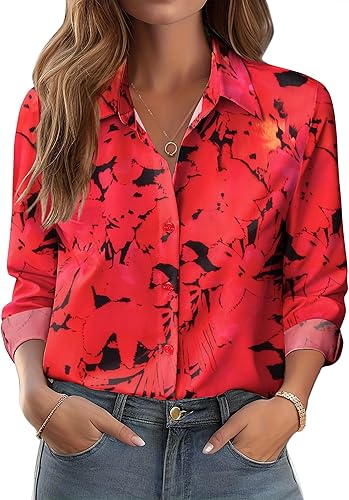 Miniatura 21 de Zeagoo Camisas con botones para mujer elegantes con estampado floral de manga larga blusa casual de negocios tops de trabajo