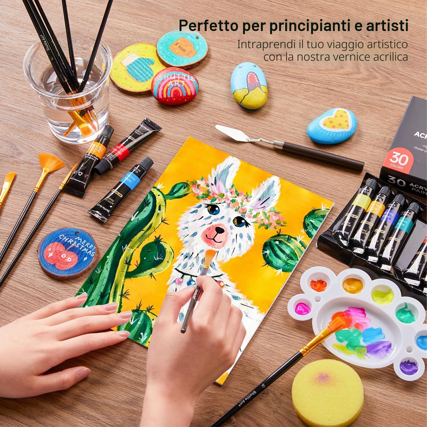 Shuttle Art Colori Acrilici per Dipingere 46 Pezzi, 12ml X 30 Set Colori Acrilici con 10 Pennelli, 1 Paletta, 1 Spugna, 3 Tela, 1 Spatola, Set Pittura Professionale per Principianti, Adulti e Bambini