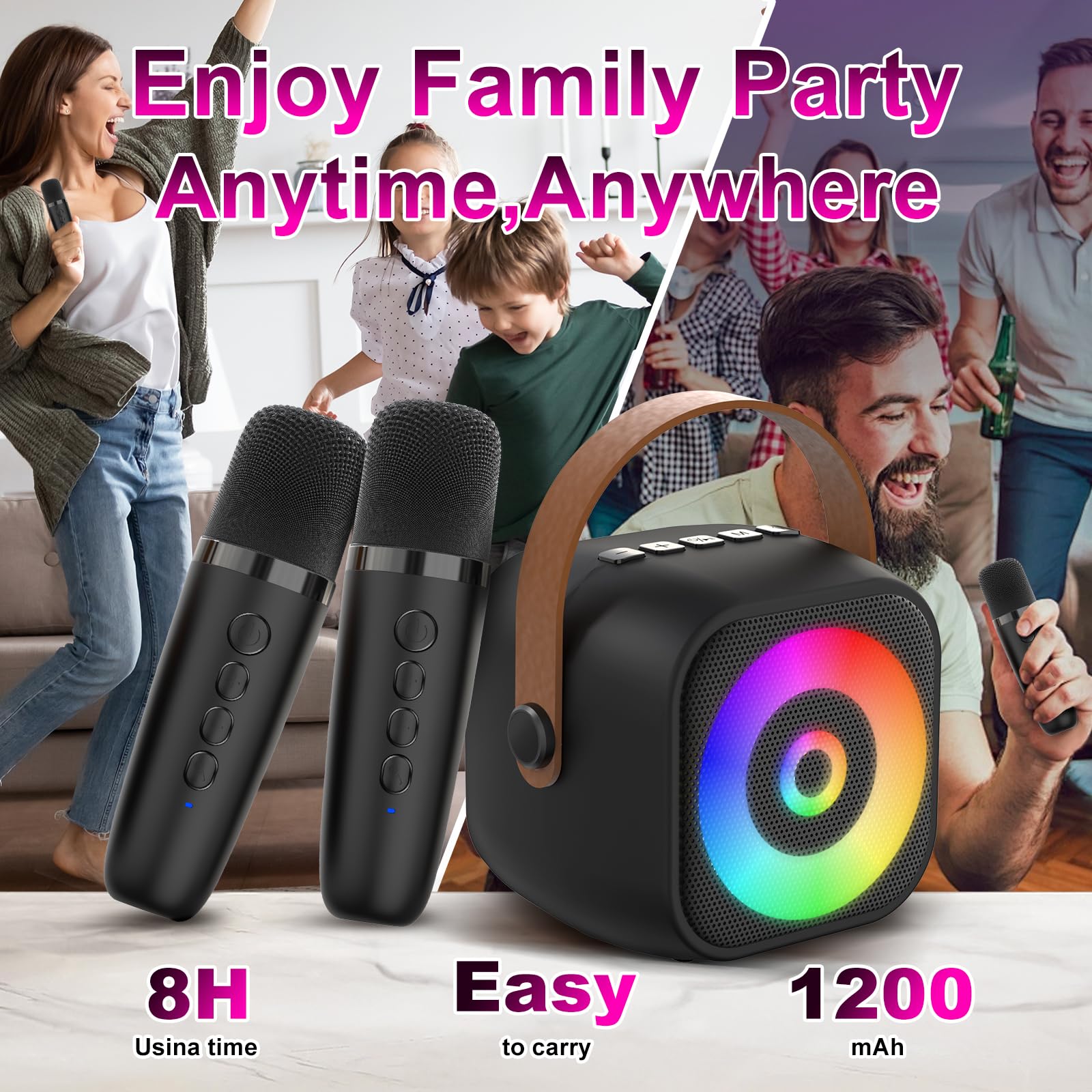 Mini macchina per karaoke, altoparlante portatile Bluetooth per karaoke con 2 microfoni wireless per bambini e adulti, regalo di compleanno per ragazze e ragazzi dai 4, 5, 6, 7, 8, 9, 10, 12 anni,