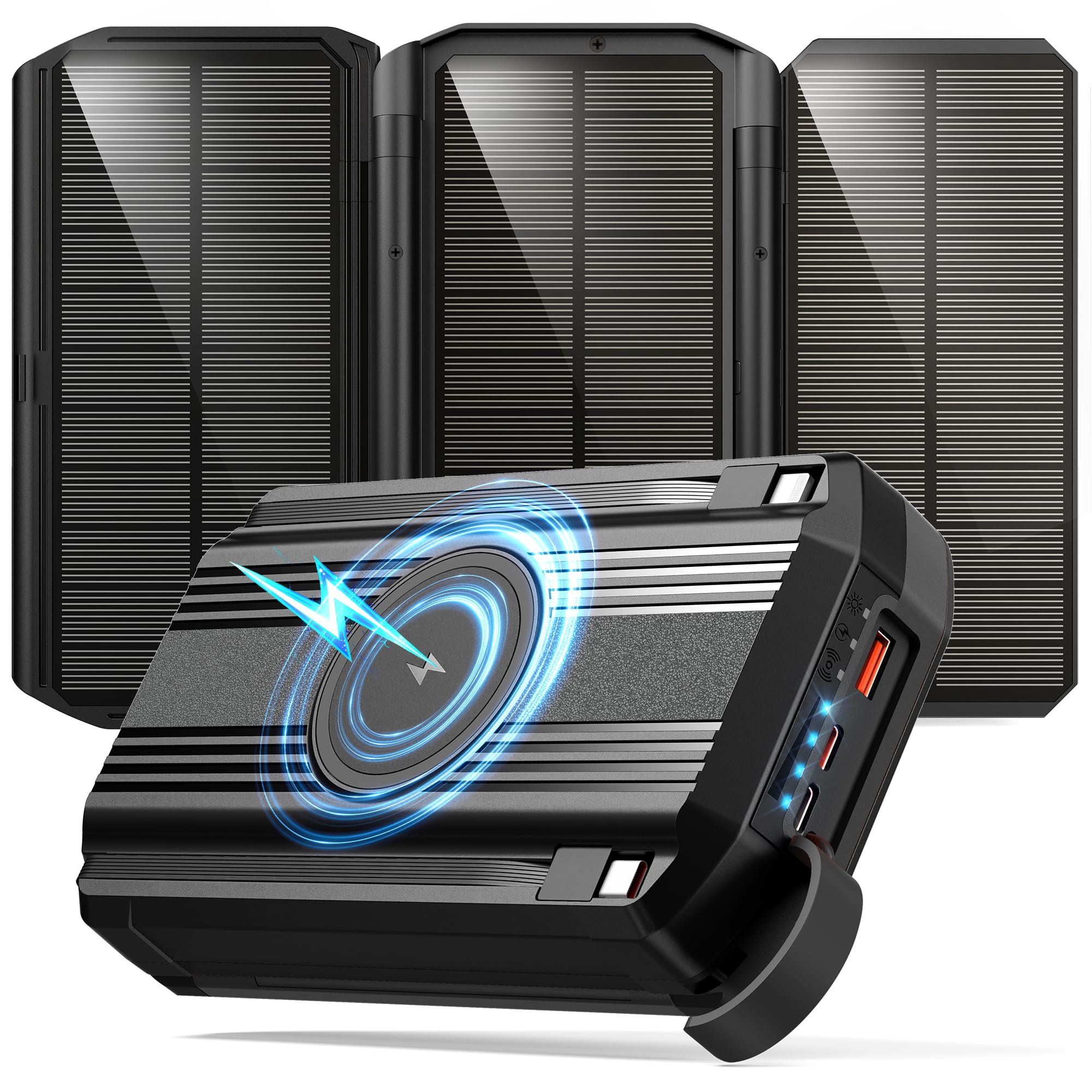 63200mAh Solar Power Bank: 30W PD 3.0 A USB C Powerbank Ricarica Rapida con 2 Cavi, 5 Uscita & 2 Ingresso, 15W Ricarica Wireless, Spie luminose a LED, Torcia, Caricatore Portatile con Smartphones | PD 30W USB C Power Bank con 4 Cavo integrato, 3 Porta, To