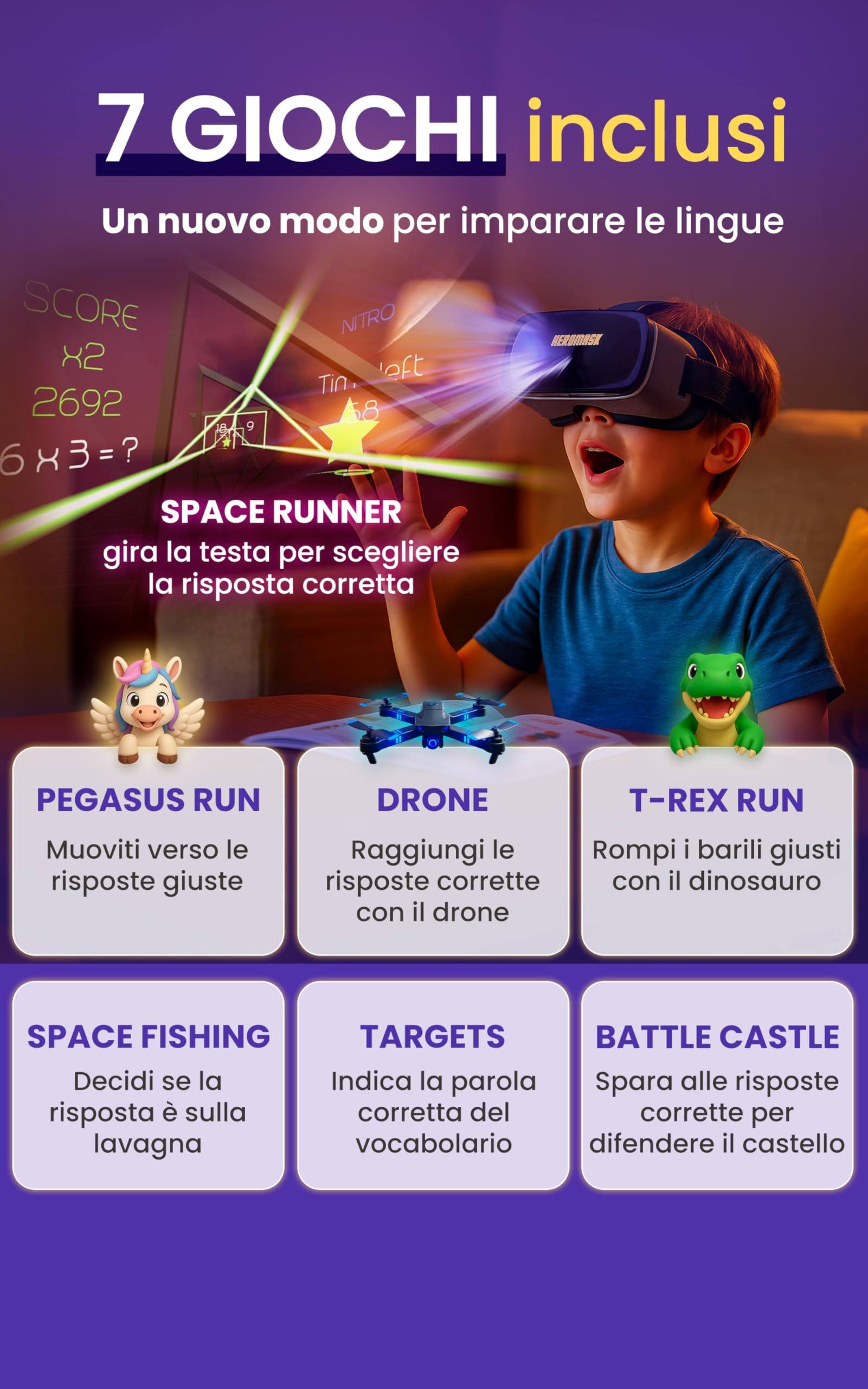 Heromask Visore VR + Giochi Lingue (Regalo Originale 5-12 Anni) — "Posso giocare ancora?": imparano Inglese, Spagnolo, Cinese e altri con avventure Realtà Virtuale [Occhiali 3D Giocattolo Educativo