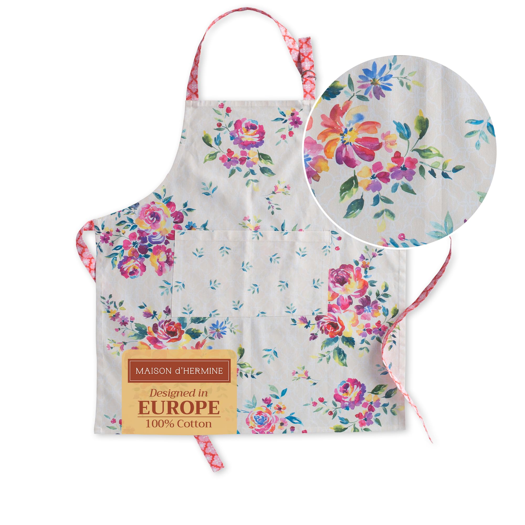 Maison d' Hermine 100% Cotton Apron for women with Pocket Kitchen Chef Spring Summer Apron for Men Cooking Gardening Server Waitress Maid - (Rose Garden, 85 cm x 70 cm)