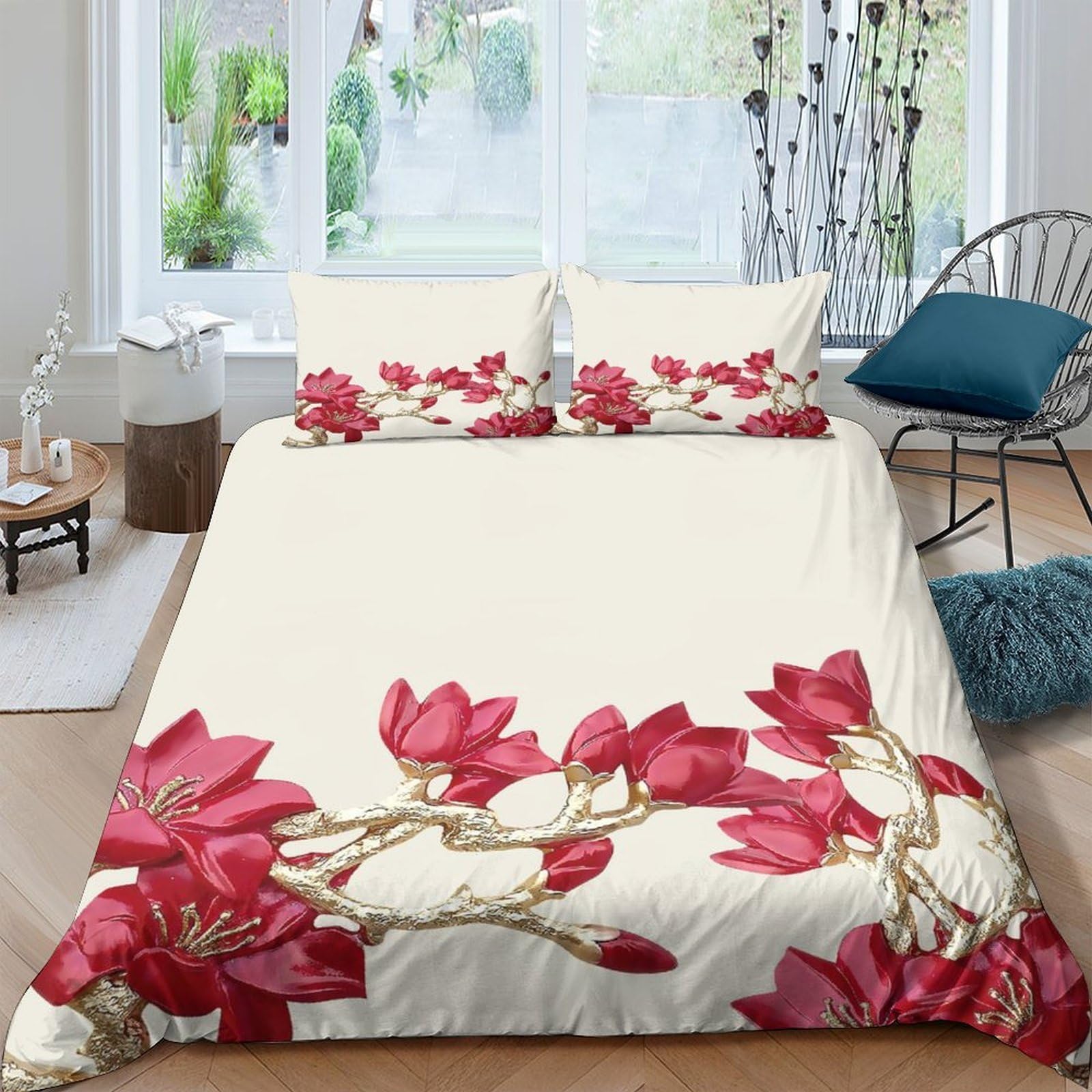 Ctjqhvkz Style-1 3D Printed Red Magnolia Fitted Sheet Microfiber Soft Floral Bed Cover For Bedroom Dorm Mattress Decor Washable Single（135X200cm）