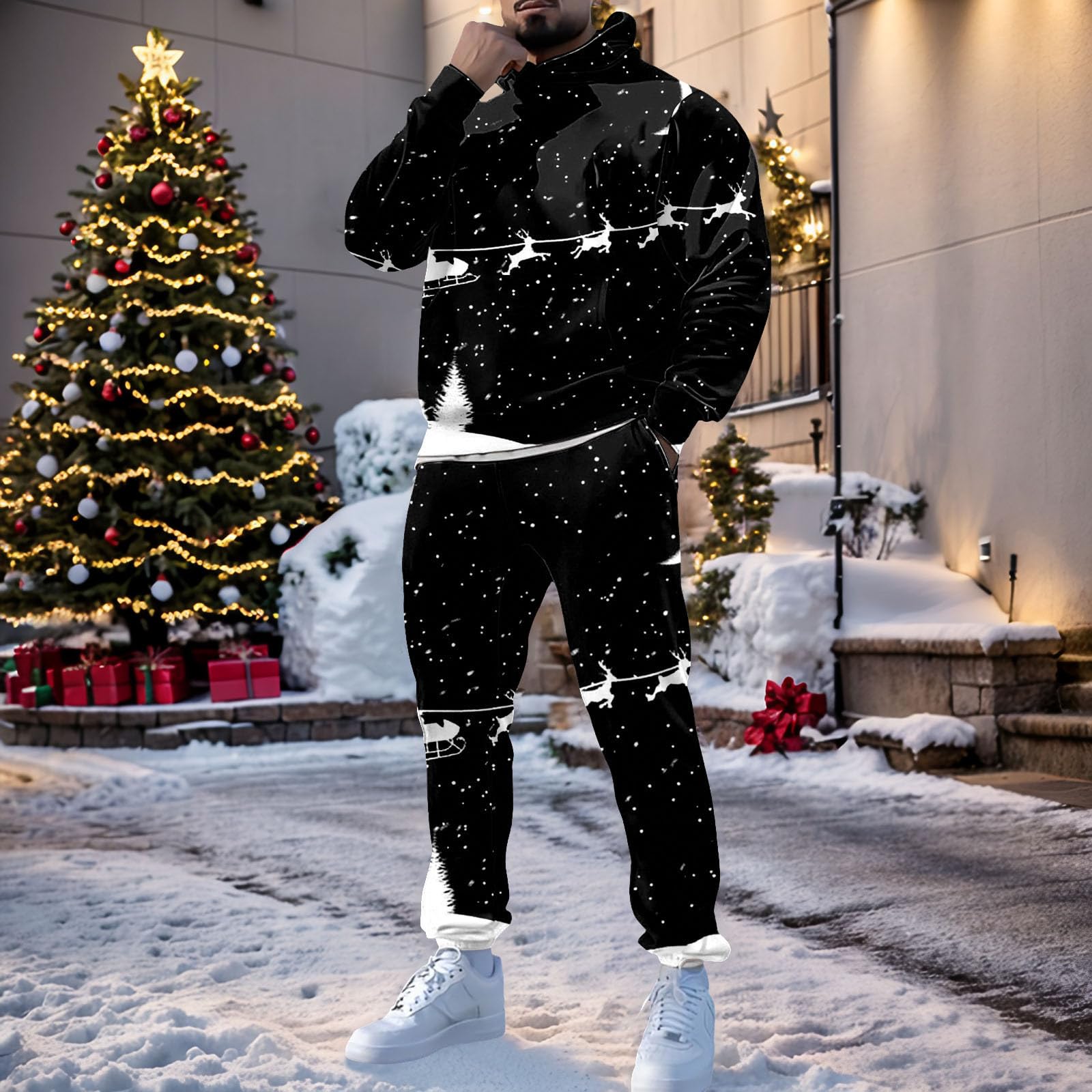 Ensemble Jogging Homme Noël Imprimé Sweat Poches Hiver
