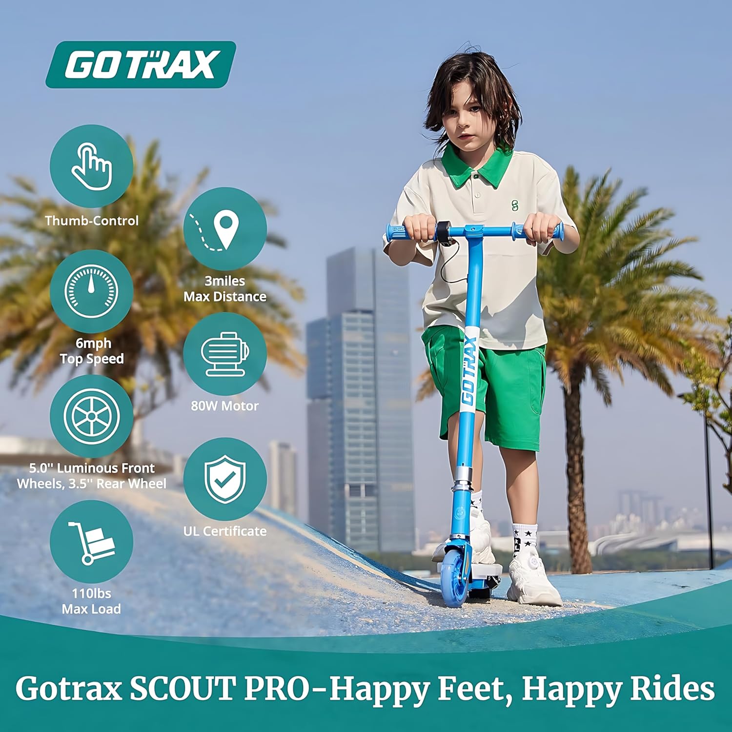 Gotrax Scout Pro Electric Scooter for Kids, Max 3 Mile Range, 6 Mph Speed ​​by 80W Motor and Thumb Control, 5" Solid Wheels with Flash Wheel & Deck Lights, Max 110 Lbs Load for Boy & Girl Ages 4-7