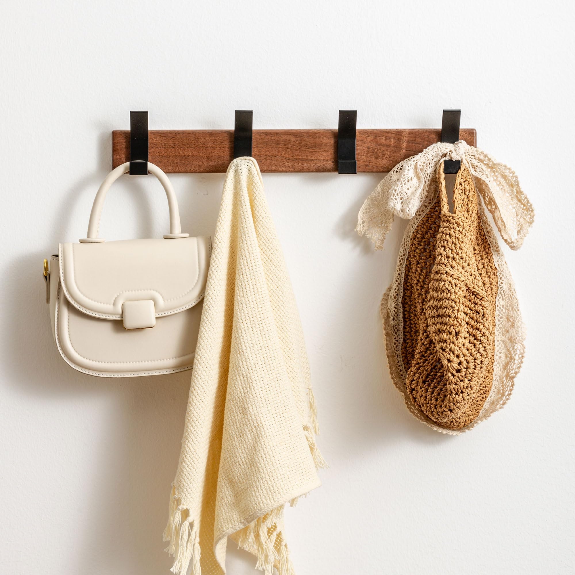 15.7'' Wall Mounted Coat Rack with 4 Hooks - Solid Walnut Wood Towel Rack for Bathroom, Entryway Hat Hanger, Space-Saving Farmhouse Decor for Mudroom, Bedroom, Kitchen, Closet