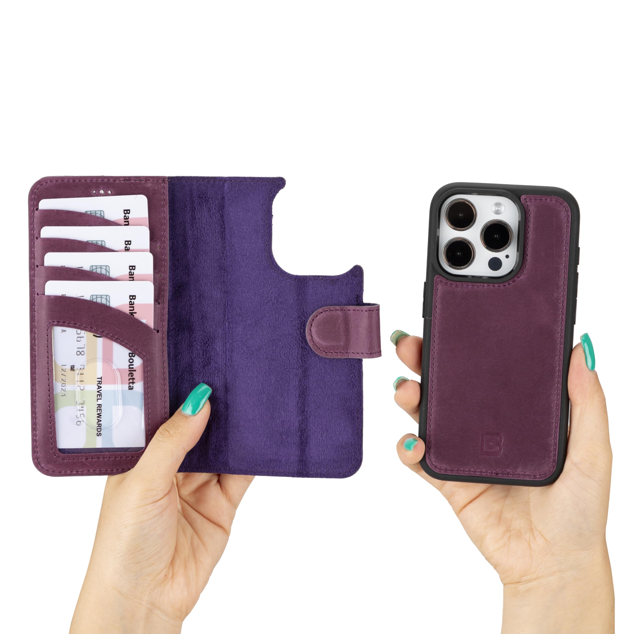 BOULETTA for iPhone 15 Pro Case Magsafe Compatible Full Grain Leather, Magnetic Detachable Folio Phone Wallet Case (2 in 1) - 4 Card Holders with RFID Blocking 6.1 inch, Purple