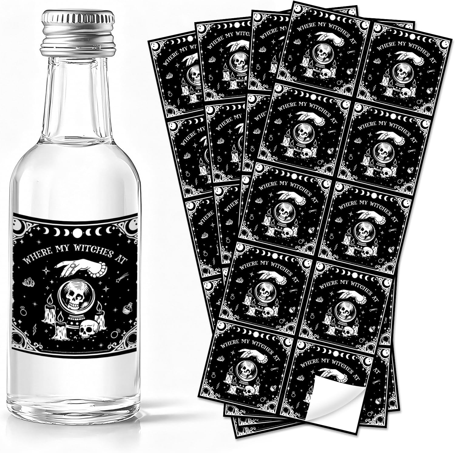 50PCS Halloween Bachelorette Mini Wine & Champagne Bottle Labels Stickers Where My Witches at Bachelorette Party Favors Gifts for Halloween This Witch Is Getting Hitched Bridal Shower Party Supplies