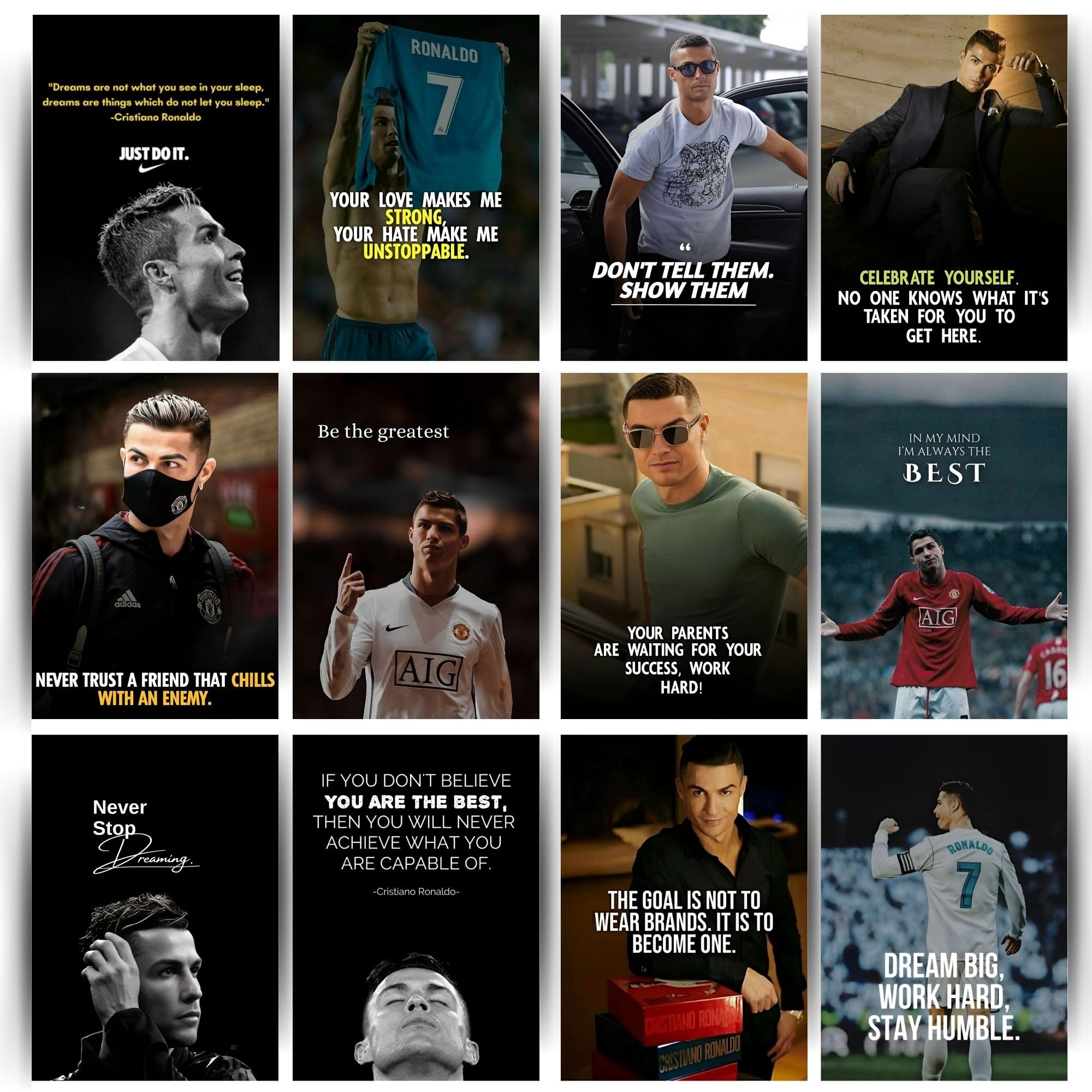 Posters Inc Cristiano Ronaldo Wall Posters for Room Decor | Motivational Quotes Poster Set of 12 | Aesthetic Wall Art for Bedroom, Living Room, Office | 8x12 Inch, 300 GSM Matte Paper | Birthday Gift for Men & Boys