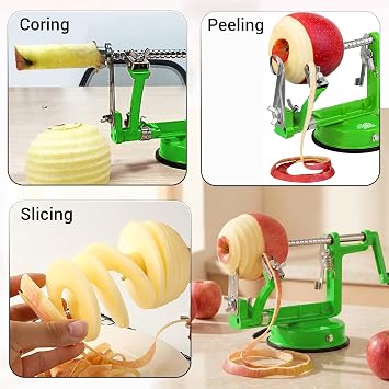 ARSUK Apple Peeler (3 Replacement Blades) Slicer Corer 3 in 1 Fruit Peeler Machine for Potatoes Stainless Steel Adjustable Blade for Easy Kitchen Use with Anti Slip Powerful Suction Base (Green)