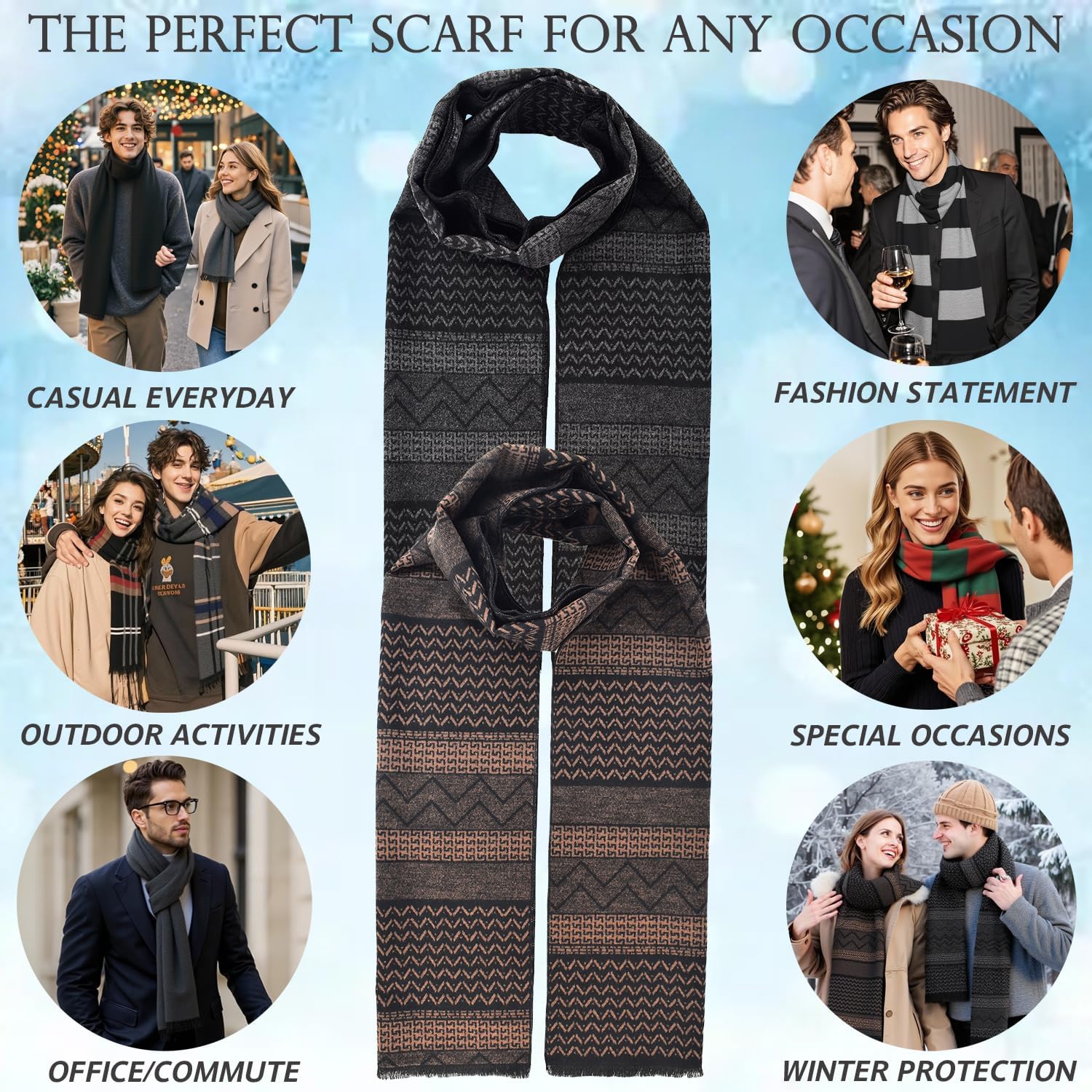 EINSKEY Men's Winter Scarf, 2-Pack Warm Cashmere Feel Striped Color Check Tartan Plaid Tassel Soft Long Fashion Neck Scarves - Image 6